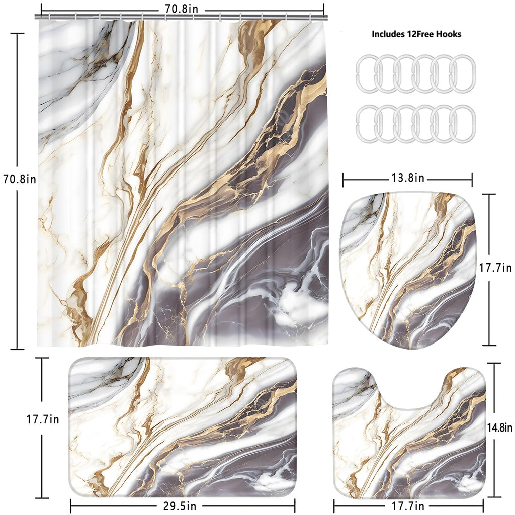 Nkzply 4 Pcs Black Marble Shower Curtain Sets with Rugs Gold Bathroom Sets with Shower Curtain and Rugs Modern Abstract Bathroom Decor Accessories Shower Curtains for Bathroom Toilet Lid Cover