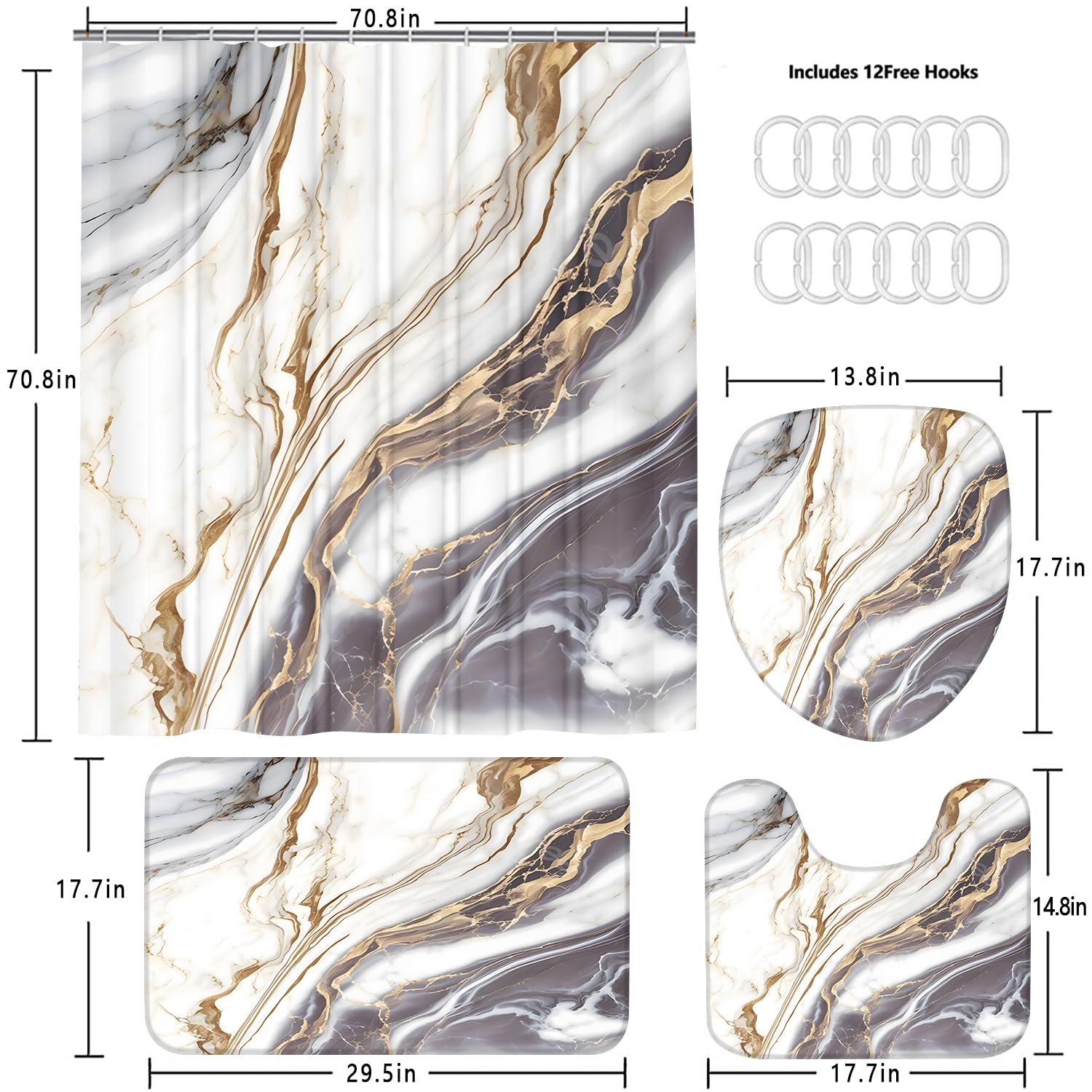 Nkzply 4 Pcs Black Marble Shower Curtain Sets with Rugs Gold Bathroom Sets with Shower Curtain and Rugs Modern Abstract Bathroom Decor Accessories Shower Curtains for Bathroom Toilet Lid Cover