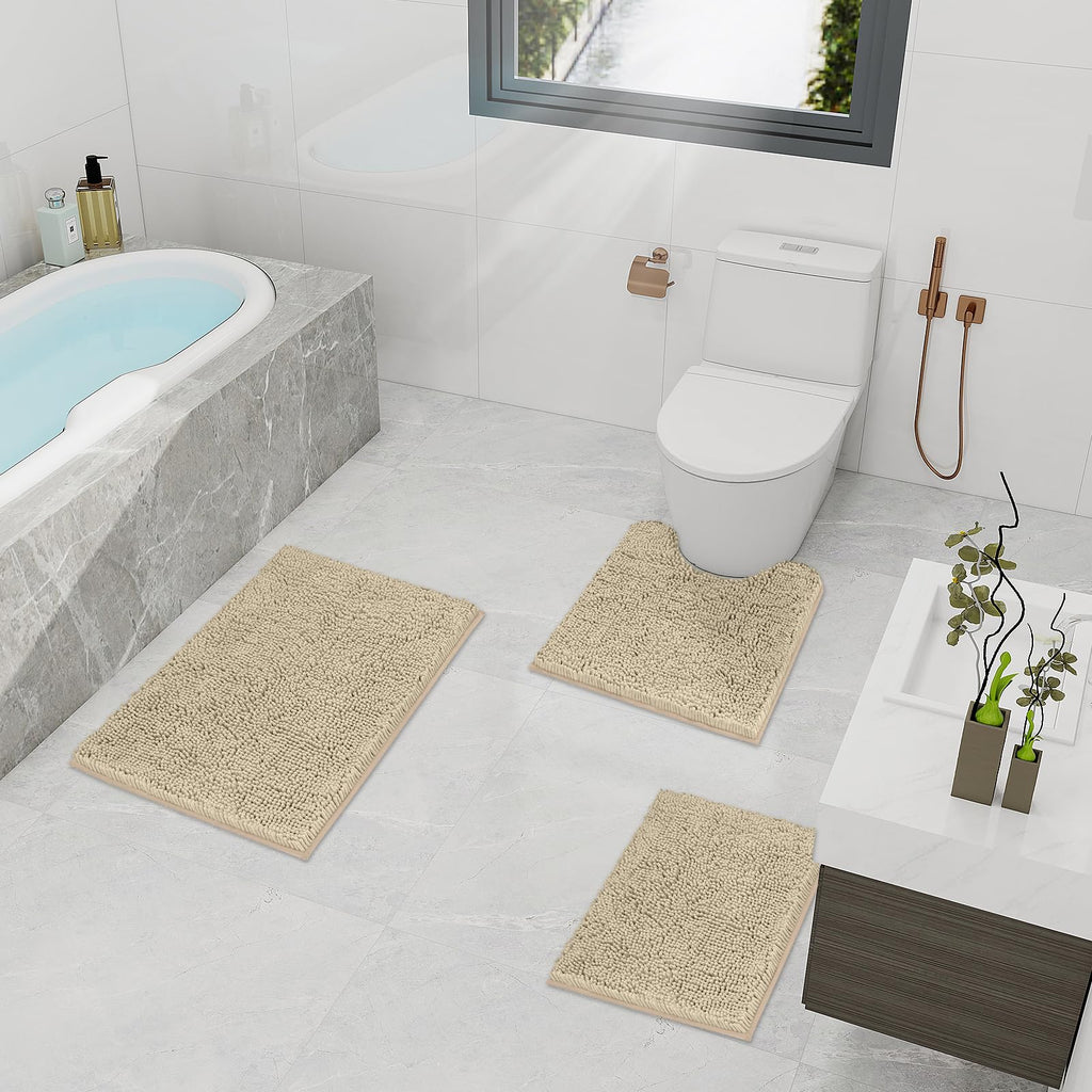 TREETONE Chenille Bath Mat 3 Pieces Bathroom Rugs Set, 20x20 Inches U-Shape Contoured Toilet Mat & 20x32 Inches Rug & Lid Cover,Water Absorbent Plush Rugs for Tub Shower & Bath Room -Beige