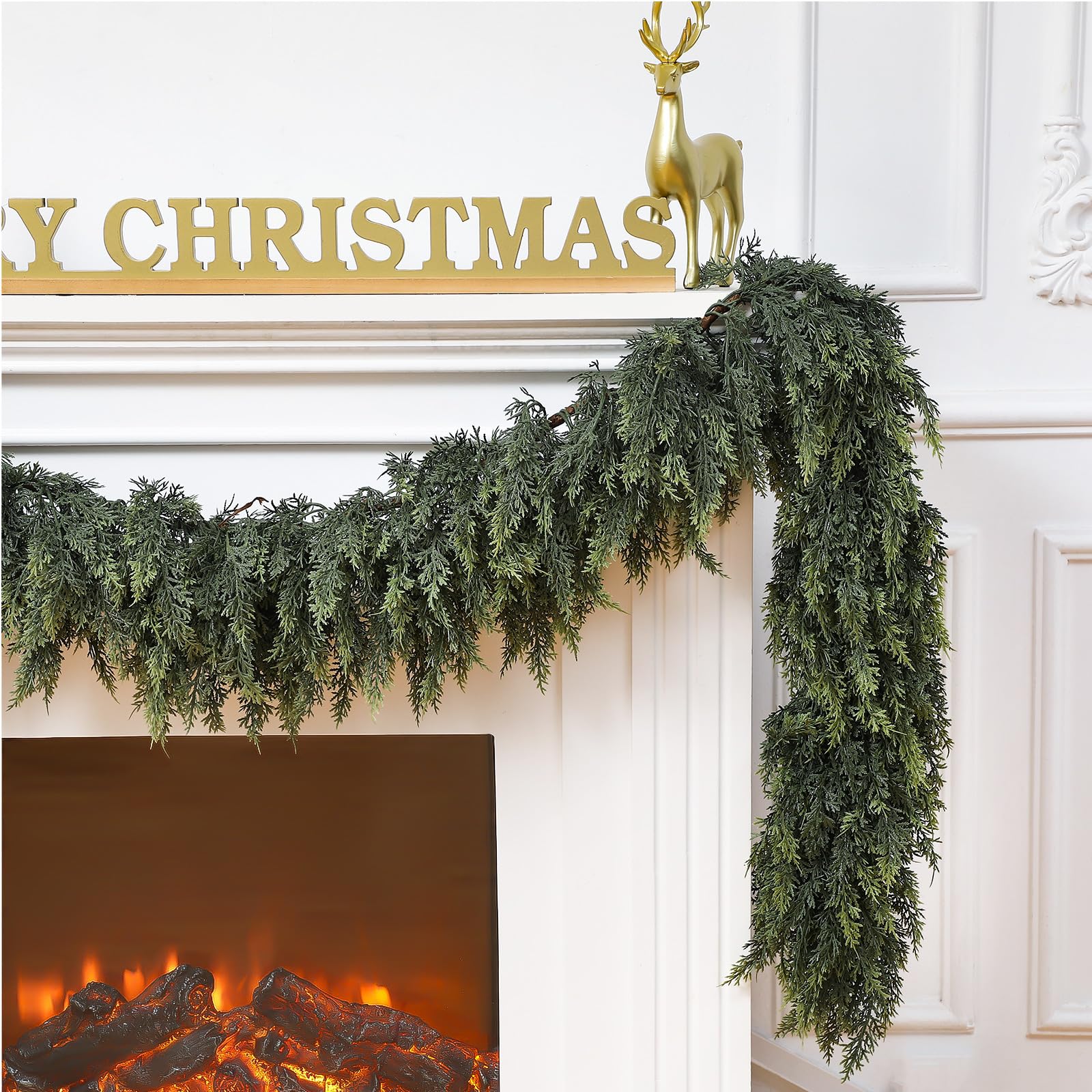 Waydress 1 Pcs 6 Feet Christmas Cedar Garland - Thick & Lush Realistic Artificial Green Faux Cedar Pine Needles Garland for Christmas Winter Home Mantel Fireplace Holiday Party Decor
