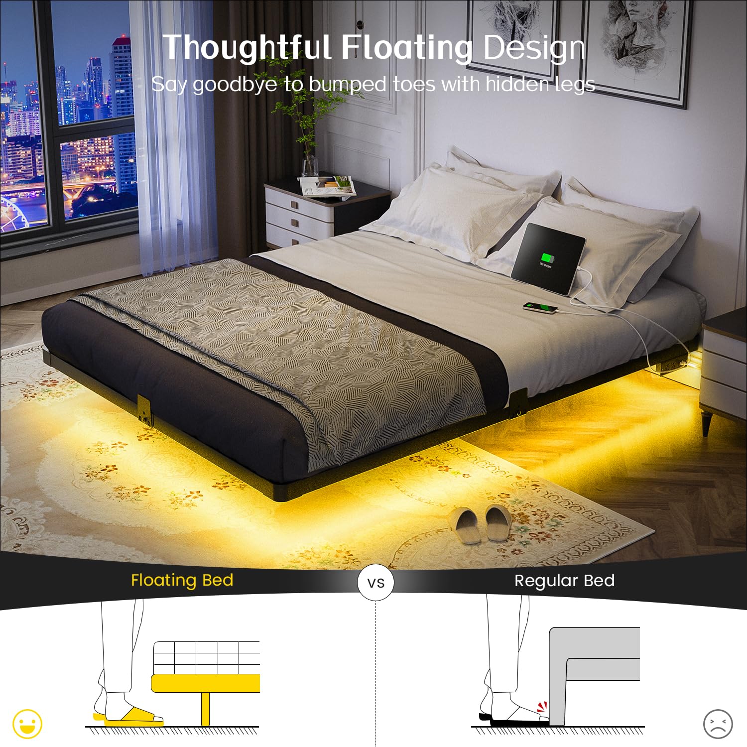 OLEVS Floating Bed Frame Full Size with Smart LED Lights and Charging Station - Modern Metal Platform Bed, Easy Assembly No Box Spring Needed