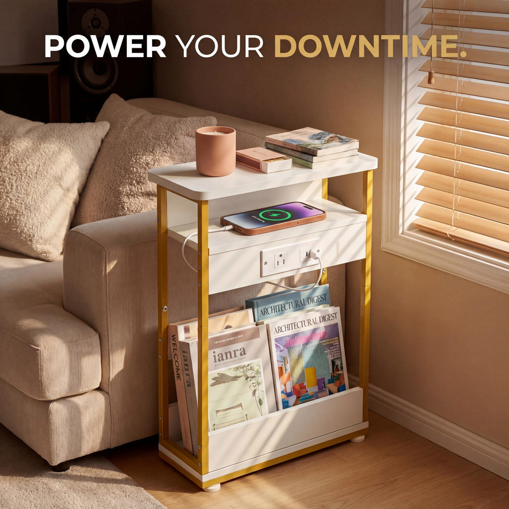 YEAKOO Narrow Side Table with Charging Station, 3-Tier End Table with 2 USB Ports & Power Outlets,Thin Sofa Side Table for Narrow and Small Spaces, Bedside Table Nightstand for Living Room,Black