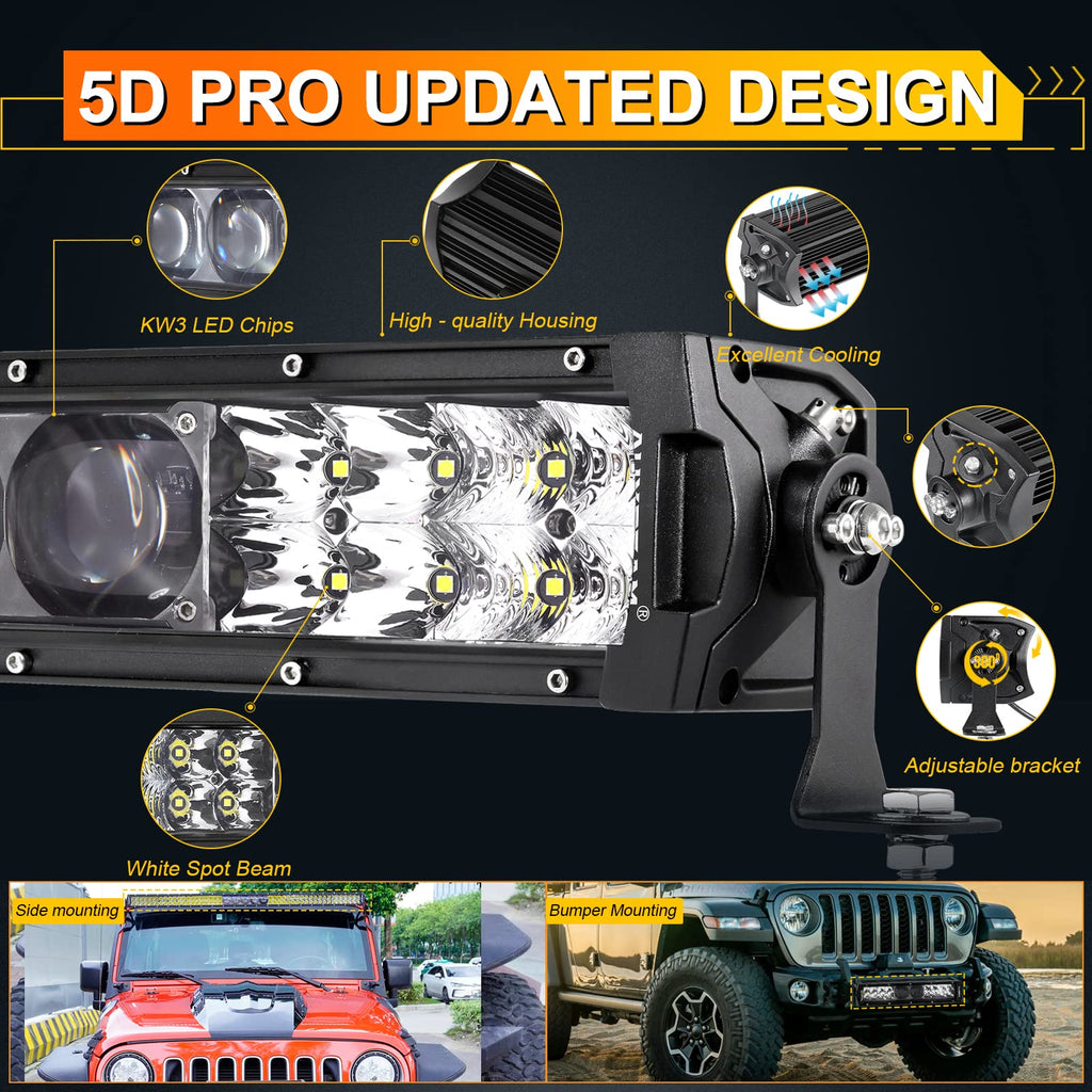 Auxbeam 12Inch Led Light Bar 100W 12000LM 5D Pro Lens Off Road Driving Light Spot Flood Combo Fog Light with 10FT Wiring Harness Kit (Professional Grade Outdoor Lighting Source P8 LED)