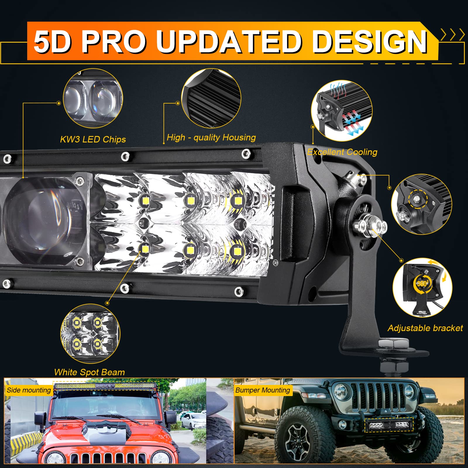 Auxbeam 12Inch Led Light Bar 100W 12000LM 5D Pro Lens Off Road Driving Light Spot Flood Combo Fog Light with 10FT Wiring Harness Kit (Professional Grade Outdoor Lighting Source P8 LED)