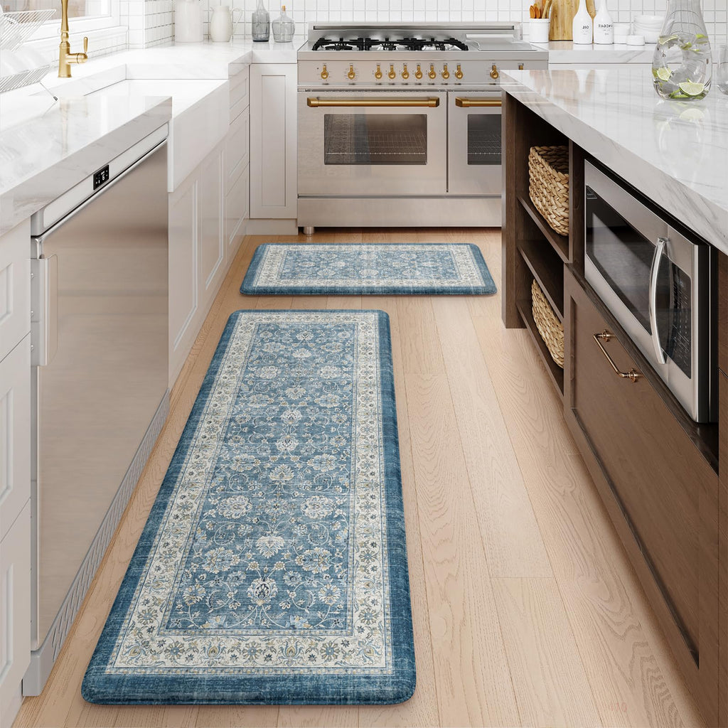 KIMODE Anti Fatigue Kitchen Mats 17"x47"+17"x29", Farmhouse Kitchen Rugs Sets of 2, Cushioned Non Skid Kitchen Mats for Floor, Comfort Kitchen Floor Mats for Sink Laundry Desk Black