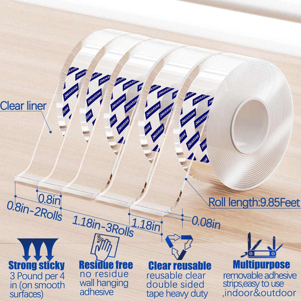 ZMUAXUAN Strong Nano Double Sided Tape Heavy Duty Mounting,Clear Removable Wall Sticky Adhesive Strips,Reusable Thick Gel Grip for Hanging Picture,Poster,Carpet,Photo