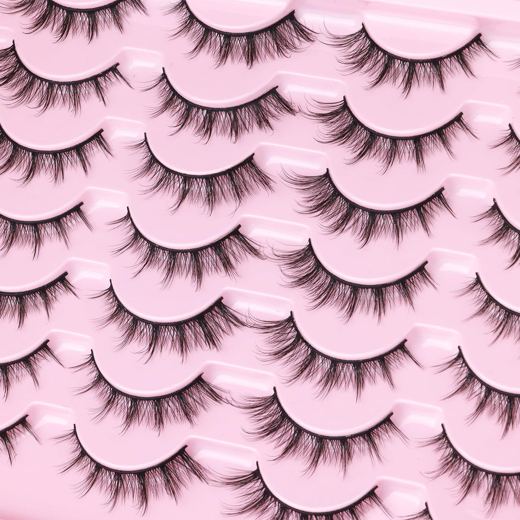 False Lashes Natural Look Wispy Eyelashes Manga Korean Spiky 16mm Short Faux Mink Eyelashes Cat Eye Natural Fake Eyelashes Strip Lashes Pack 14 Pairs