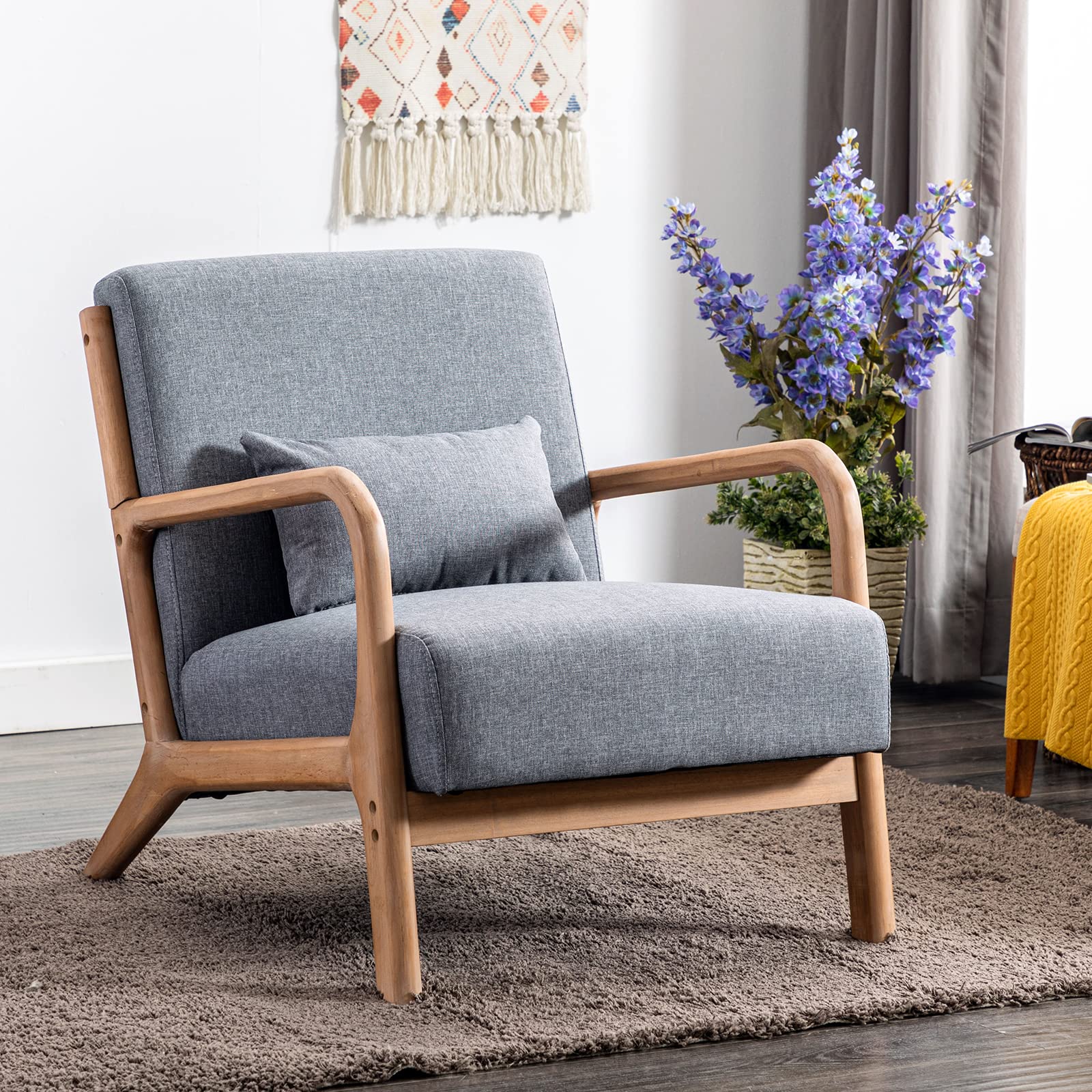 ANJ Mid Century Modern Accent Chair, Comfy Fabric Living Room Chairs with Solid Wood Frame, Lounge Reading Armchair, Easy Assembly, Beige