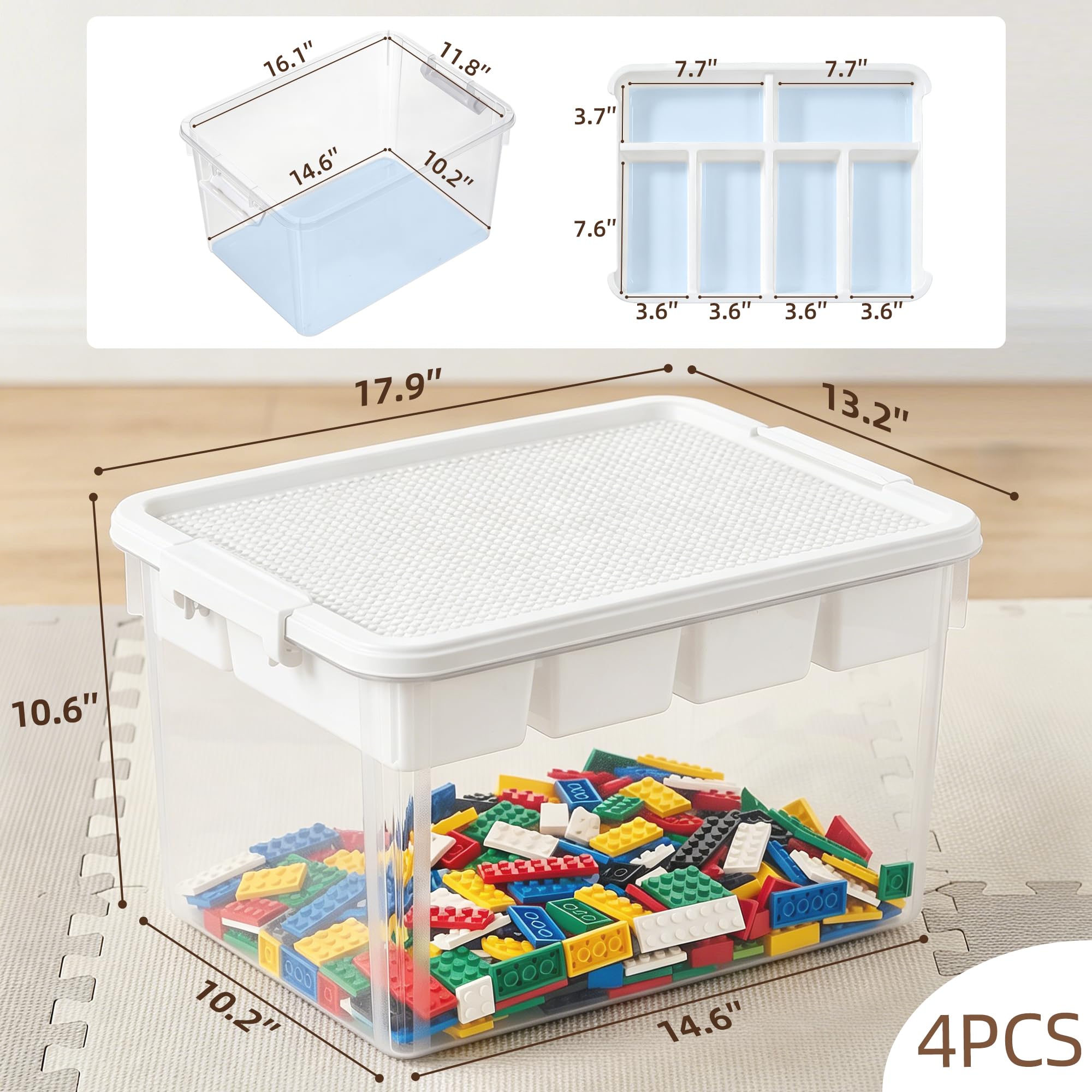 Citylife 17 QT Plastic Storage Box with Building Baseplate Lid and Removable Tray Craft Organizers and Storage Clear Storage Container for Organizing Bead, Tool, Sewing