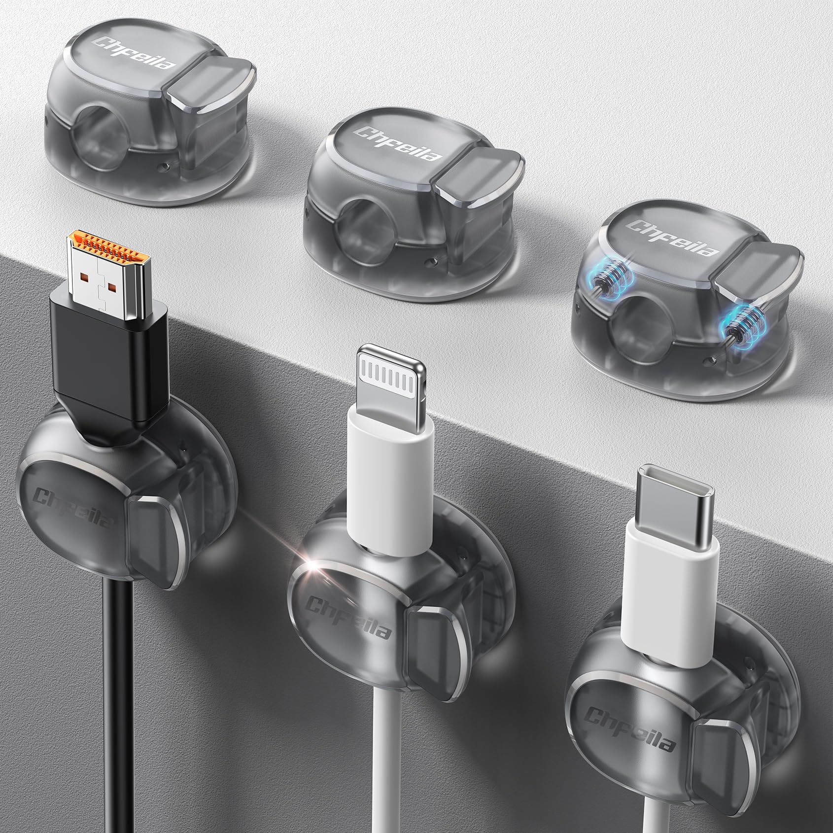 Cable Clips - Chfeila Latest Dual Spring Cord Organizer with Clasp Lock, 6Pack [Max Stability] Desk Cable Management, Adhesive Phone Charging Wire Holder for Nightstand/Car/Wall, Office Accessory