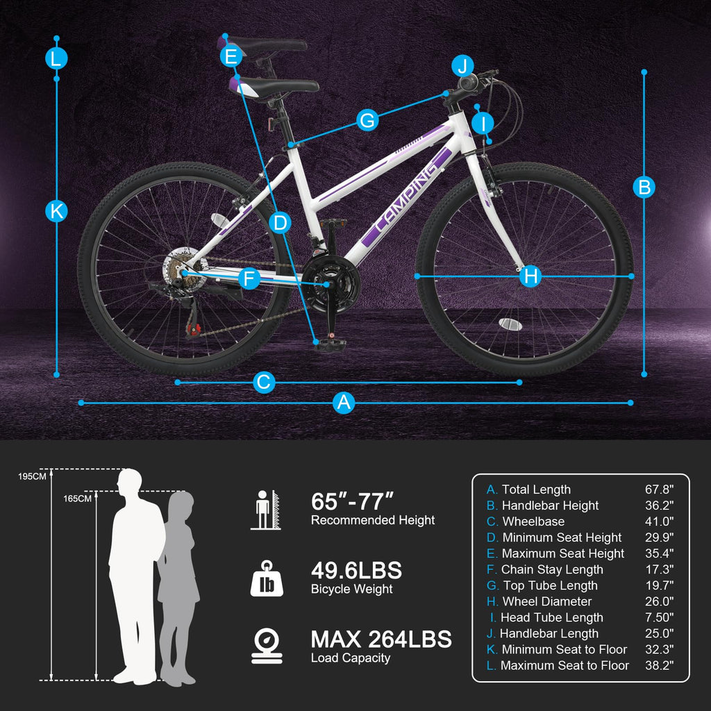 CamPingSurvivals 20/24/26 Inch Mountain Bike for Men/Women,Adult Bicycle | Professional 7or21 Speed Shifting, Dual Disc/V Brakes, Suspension Fork, Comfort Saddle, All-Terrain Tires & Pretty Look