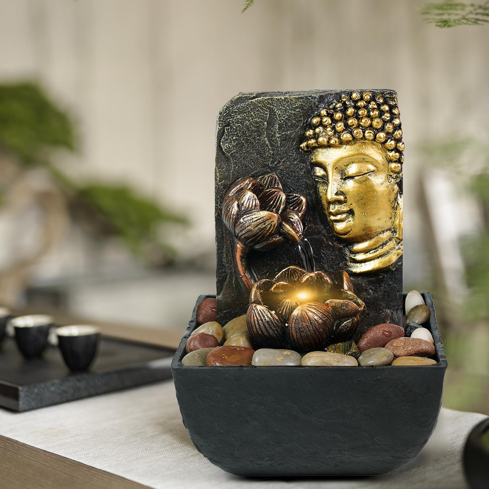 Ferrisland Tabletop Water Fountain, Zen Meditation Indoor Waterfall Fountain, Heart Shape Decoration with LED Light for Home Office Bedroom Relaxation Decor, Gift Ideas