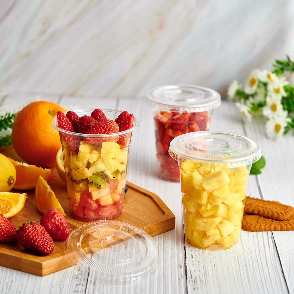 Lilymicky 200 Sets 10 oz Clear Plastic Cups With Flat Lids, 10 Ounce Disposable Drinking Cups for Smoothie, Slurpee, or Any Cold Drinks