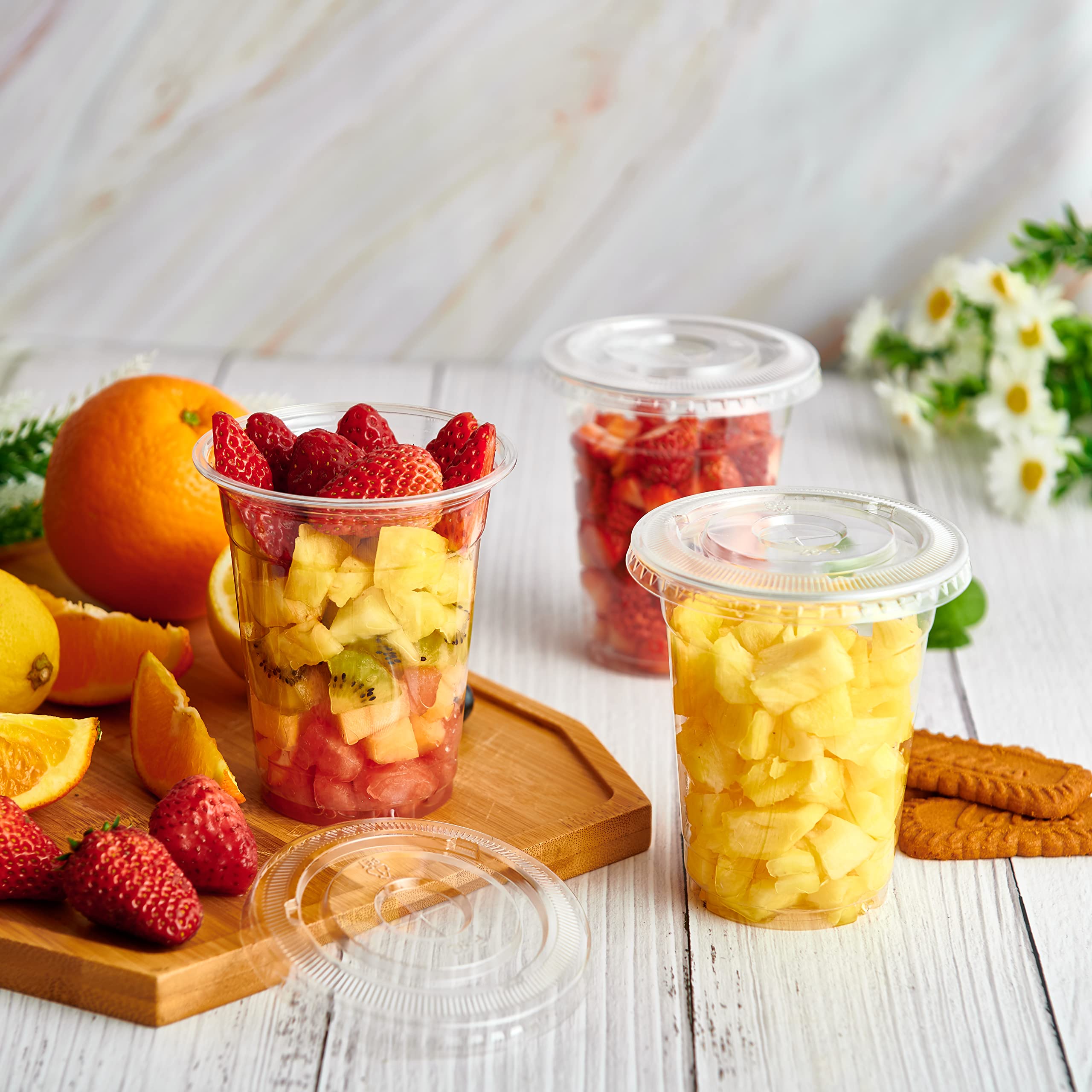 Lilymicky 200 Sets 10 oz Clear Plastic Cups With Flat Lids, 10 Ounce Disposable Drinking Cups for Smoothie, Slurpee, or Any Cold Drinks