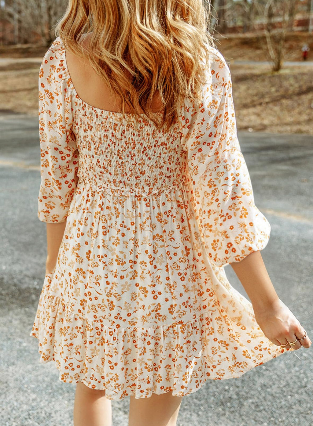 Dokotoo Fall Dresses for Women 2025 Boho Floral Square Neck Smocked 3/4 Sleeve Casual A-Line Swing Mini Dress Sundress