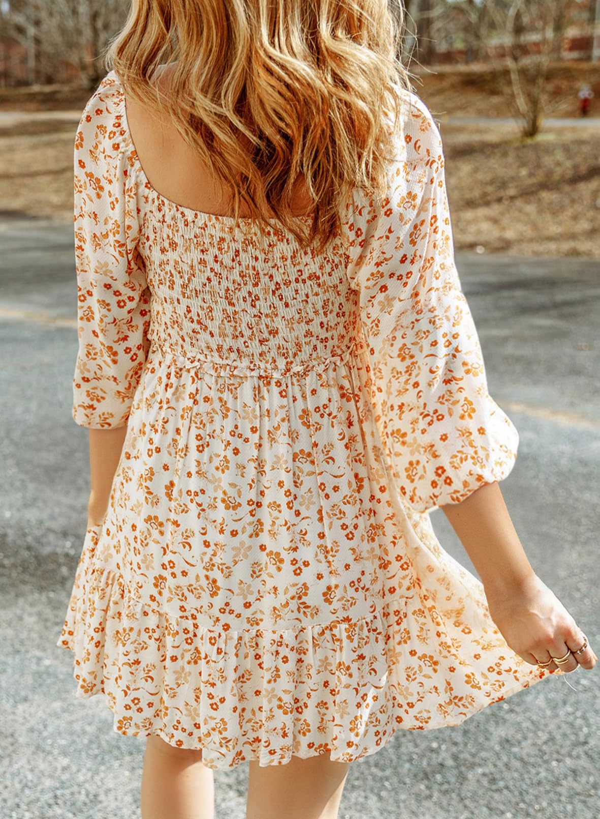 Dokotoo Fall Dresses for Women 2025 Boho Floral Square Neck Smocked 3/4 Sleeve Casual A-Line Swing Mini Dress Sundress