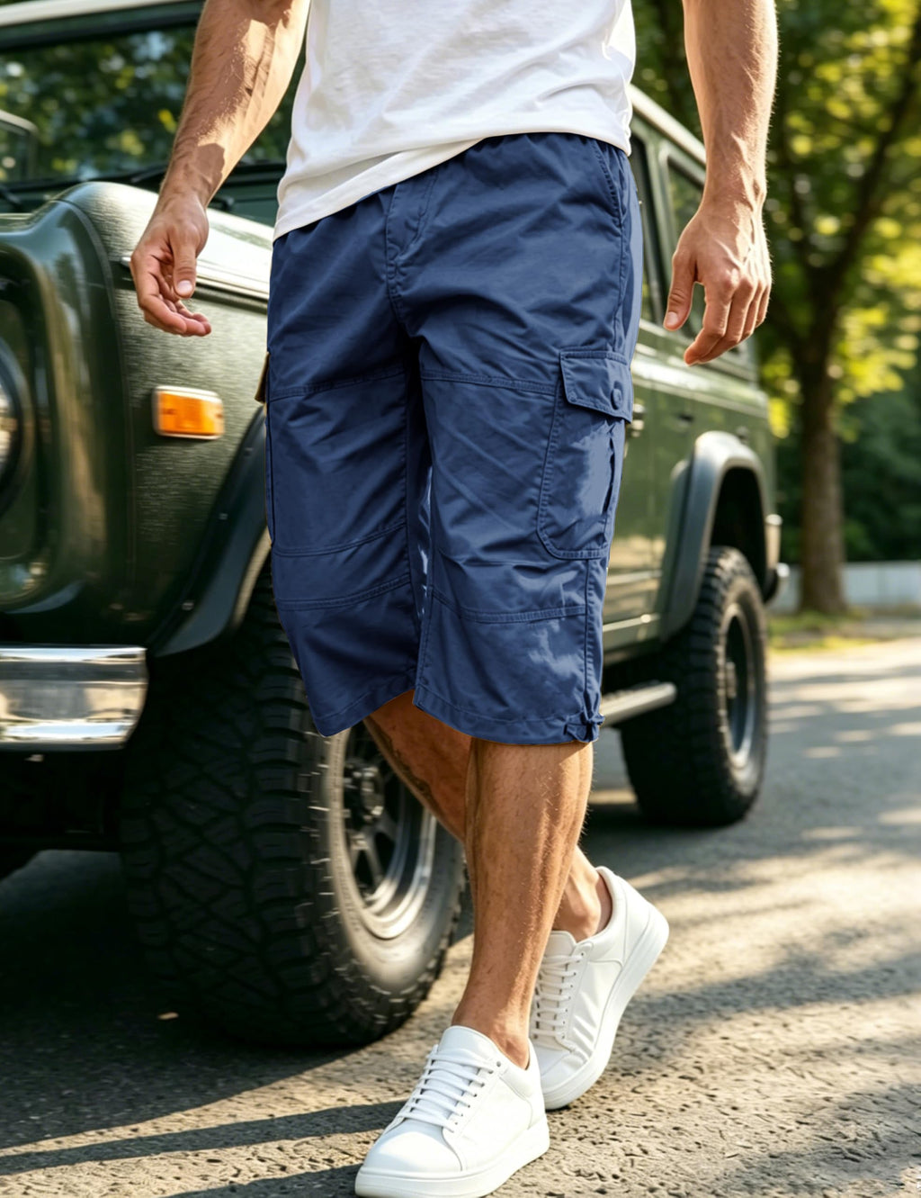 EKLENTSON Men's Cargo Shorts Casual Twill Elastic 3/4 Capri Pants Below Knee Long Shorts with 7 Pockets