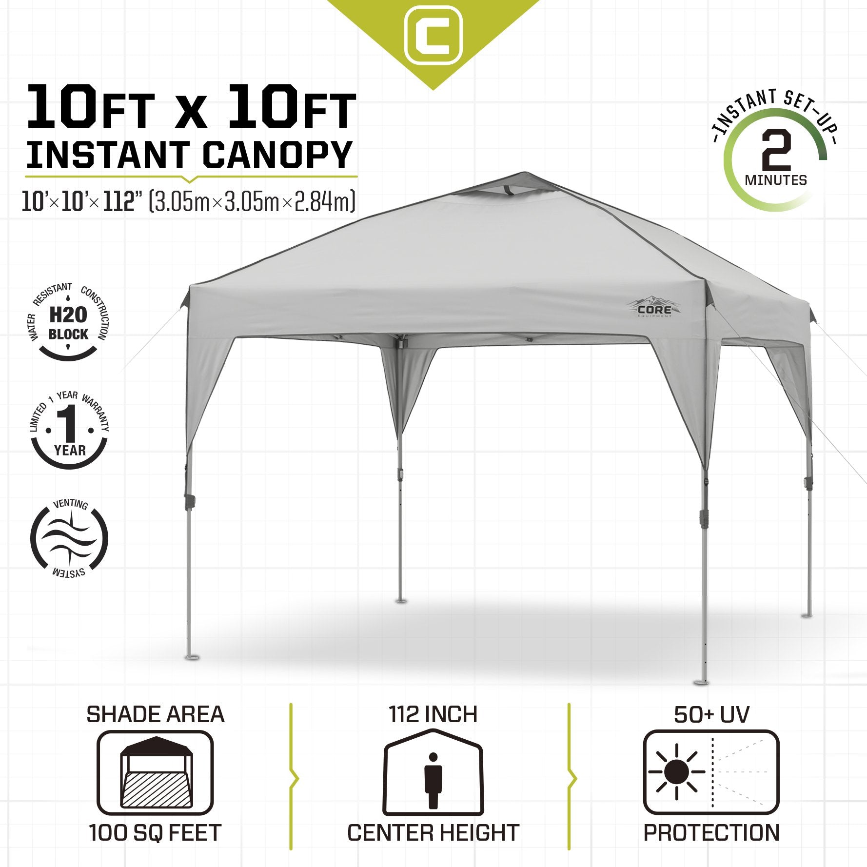 Core Instant Straight Leg Canopy Tent with Adjustable Sun Wall, 6 ft x 4 ft , Gray