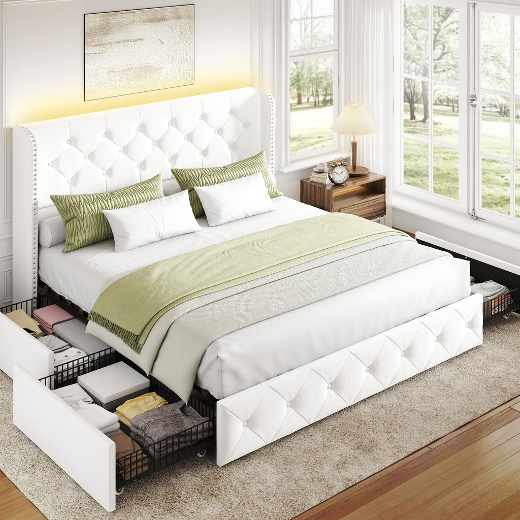 BRELTAM Full Size Bed Frame with Storage Drawers and Wingback Headboard Linen Upholstered Platform Bed Frame Tufted Beds with Heavy Duty Wood Slats, Noise Free, Easy Assembly, Beige
