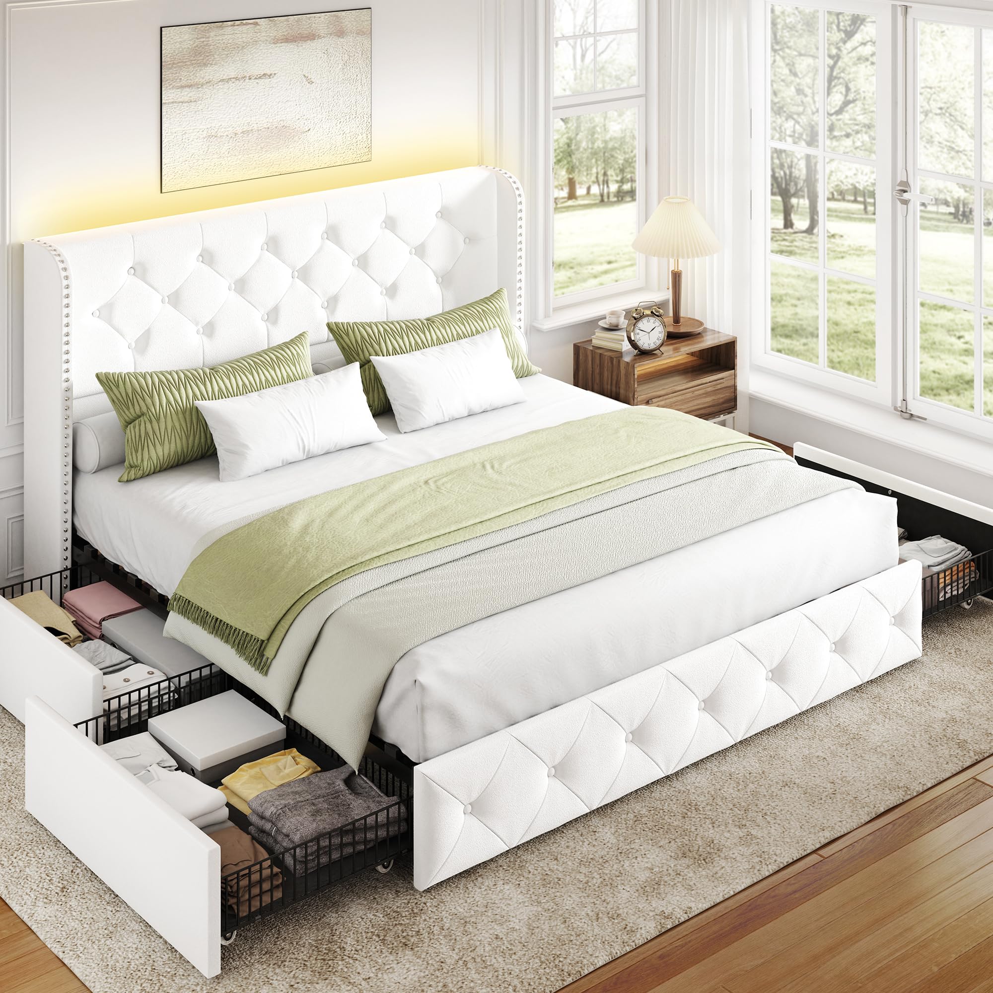 BRELTAM Full Size Bed Frame with Storage Drawers and Wingback Headboard Linen Upholstered Platform Bed Frame Tufted Beds with Heavy Duty Wood Slats, Noise Free, Easy Assembly, Beige