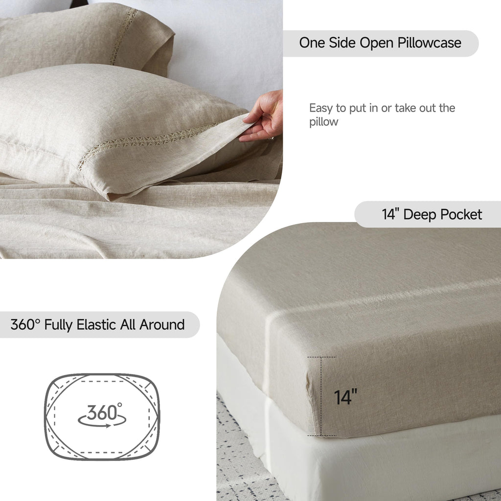 Simple&Opulence 100% Pure Linen Sheet Set Twin Size, Natural French Flax Solid Color 3 Pcs Washed Breathable, Farmhouse Bedding (1 Flat Sheet,1 Fitted Sheet,1 Pillowcase)-Embroidery Dark Grey