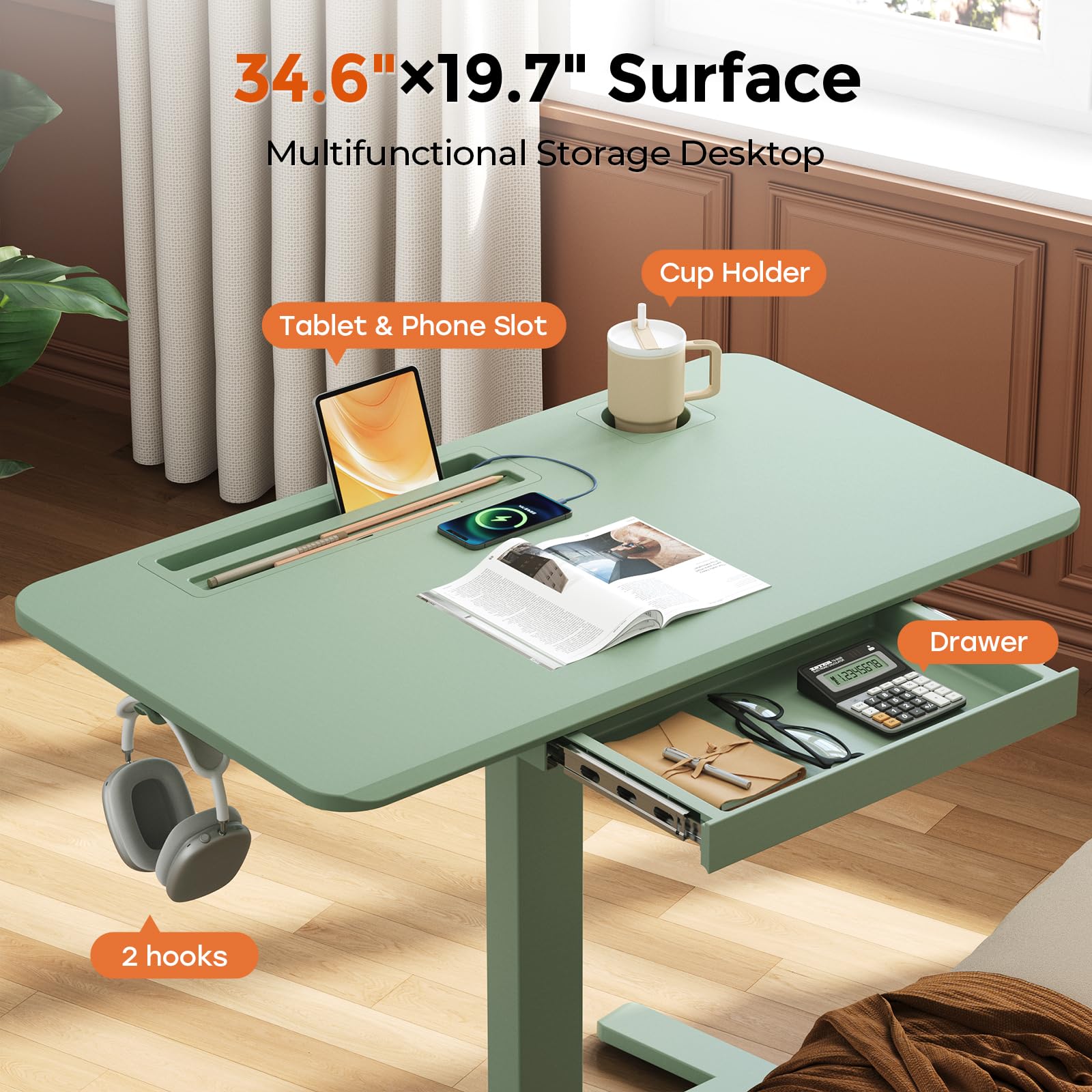 Small Mobile Standing Desk with Drawer, 23.6"x19.7" Rolling Laptop Cart on Wheels, Height Adjustable Sit Stand Computer Workstation with Storage for Compact Space, Black