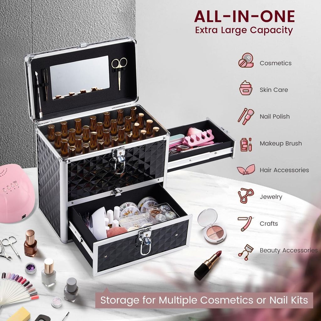 Frenessa Nail Polish Makeup Train Case with Drawer and Dividers Manicure Organizer Accessory Storage Makeup Box With Mirror Lockable Keys Nail Kit Organizer Cosmetic Case Jewelry Box - Black