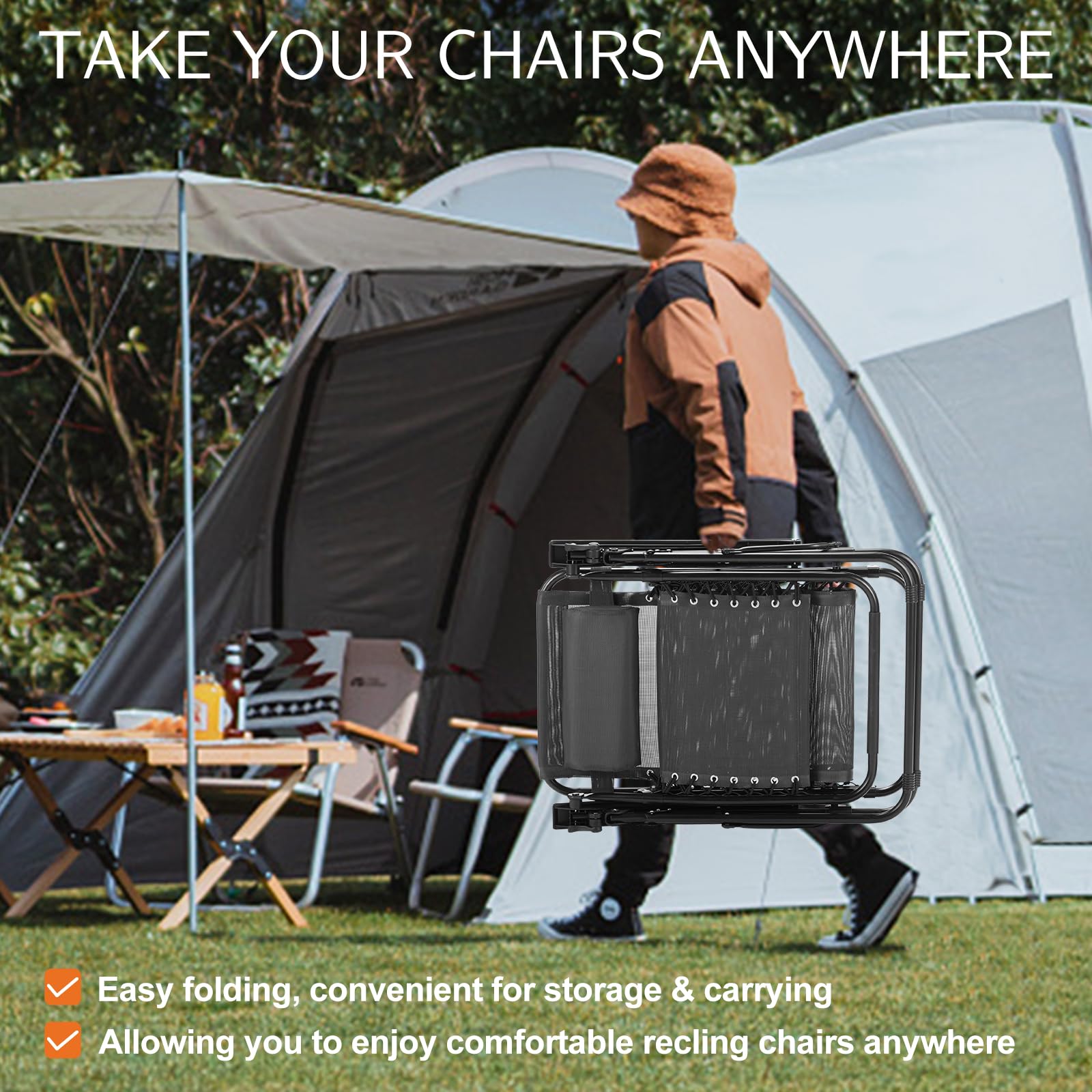 Sweetcrispy Zero Gravity Chairs, Set of 4 Portable Recliner Beach Camping Patio Outdoor Folding Lounge Chair with Cup Holder Trays and Adjustable Pillow for Poolside, Garden, Backyard, Lawn, Black