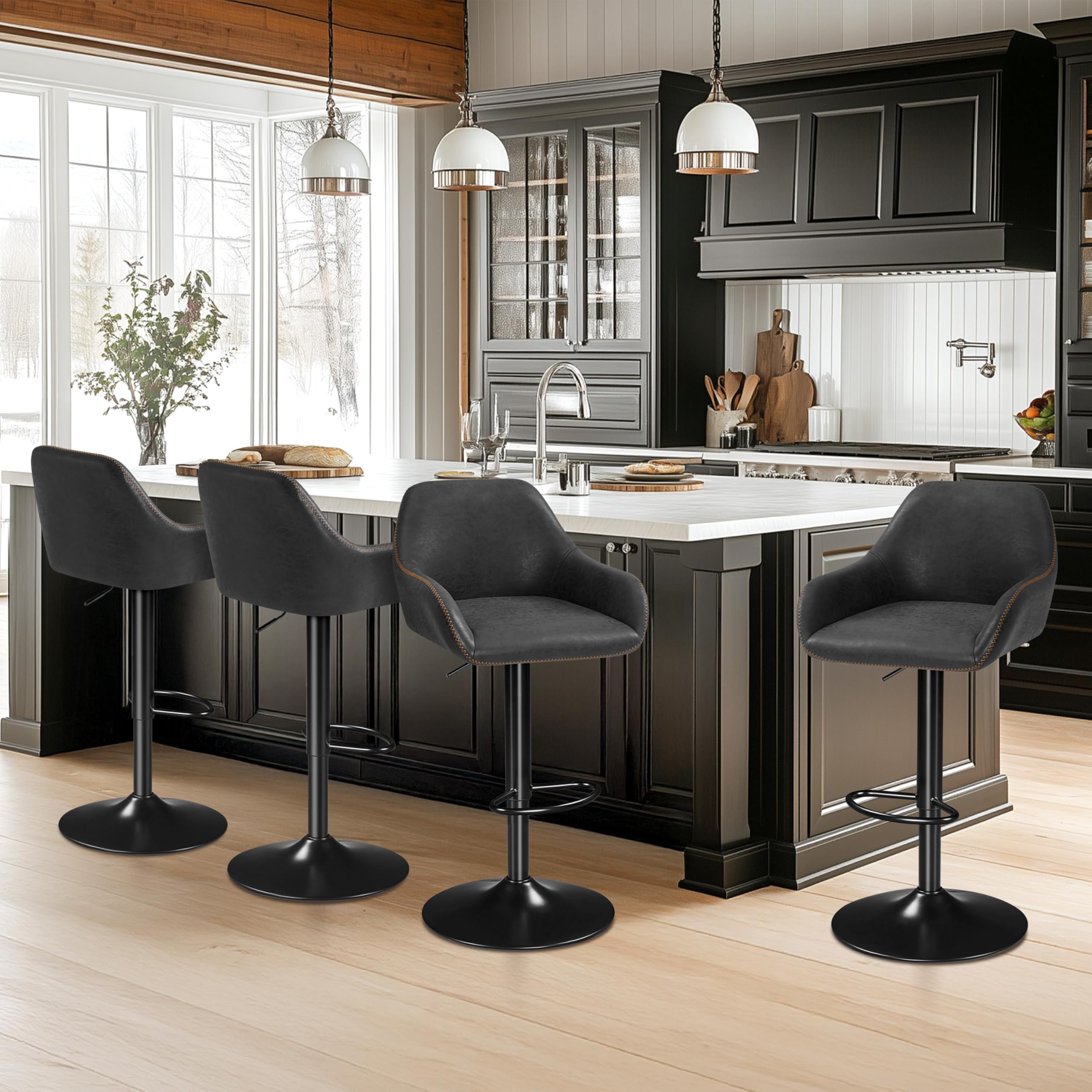 Yaheetech Bar Stools Set of 2, PU Leather Swivel Counter Height Barstools, Adjustable Bar Chairs with Backrest and Footrest, Kitchen Island Stool for Home Kitchen, Black