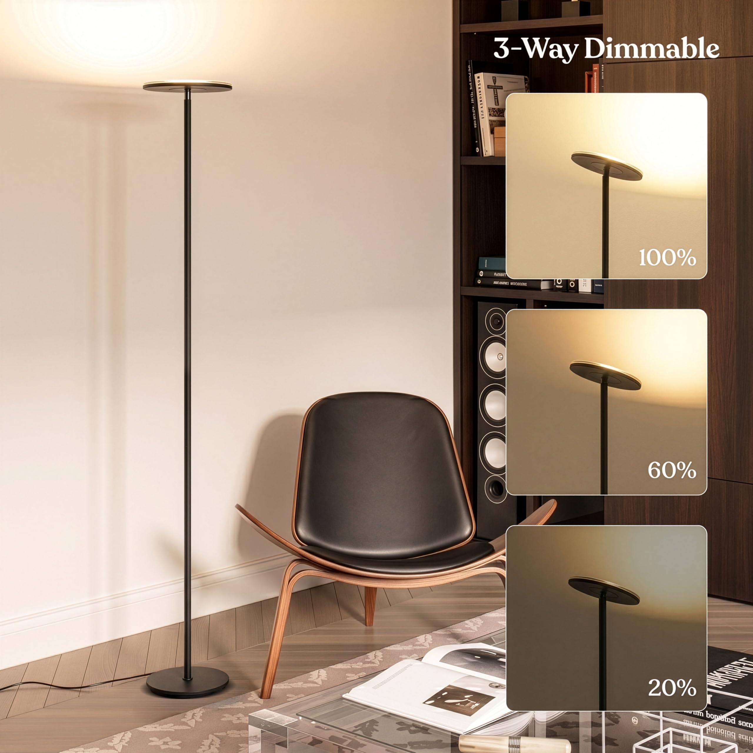 Brightech Sky LED Floor lamp, Torchiere Super Bright Floor Lamp for Living Room Decor & Office - Dimmable, Tall Standing Lamp with Warm Light for Bedroom & Reading - Bronze