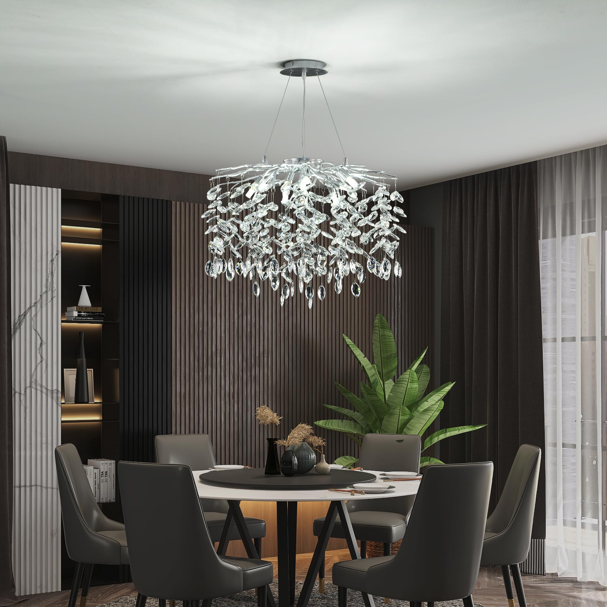 Modern Crystal Raindrop Chandelier, L40'' Black Linear Rectangle Art Deco Tree Branch Lighting Fixture for Kitchen Island Living Room Foyer Staircase 10 Lights
