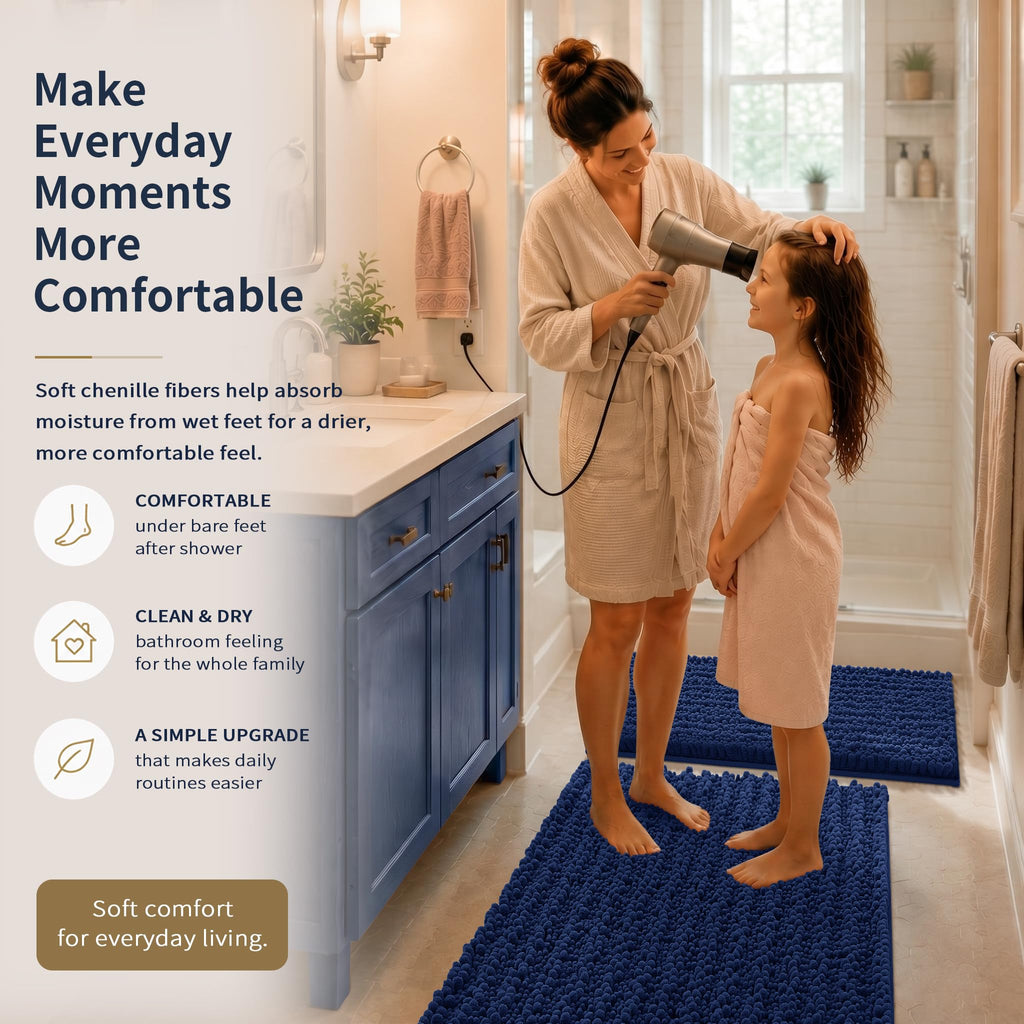 Yimobra Black Bathroom Rug Set 3 Piece - Super Absorbent Quick Dry Chenille Bath Mats & Toilet Rug, Non Slip Machine Washable, Extra Thick Shaggy Floor Mat for Shower Tub Sink
