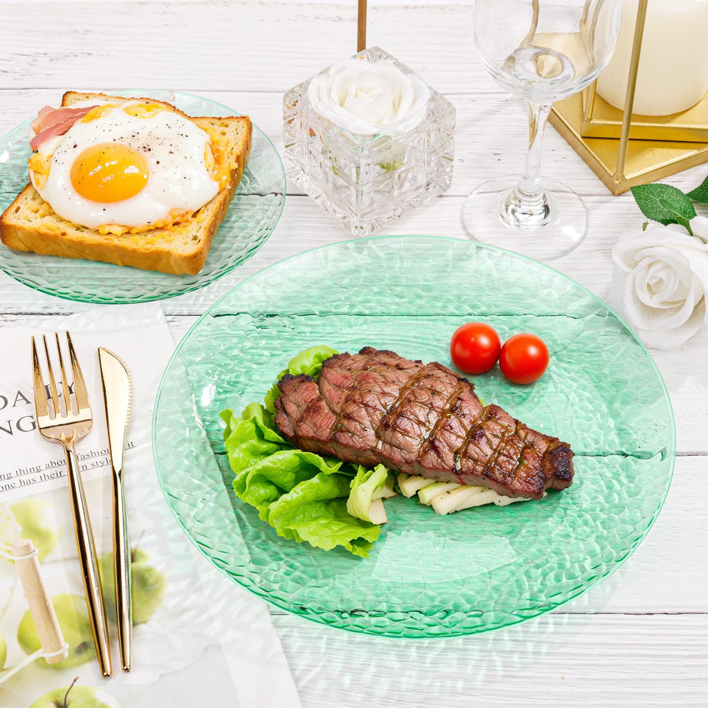 Rubtlamp 100Pcs Amber Gold Plastic Plates, Disposable Plates With Gold Rim, Heavy-duty Party Platos, Hammered Plastic Plates Include 50 Clear Dessert Plates, 50 Dinner Plates for Party