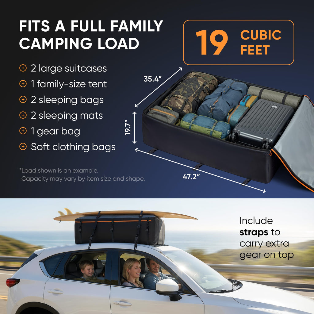19 Cubic Feet Roof Bag – Safety Tested Heavy-Duty Waterproof Rooftop Cargo Carrier for All Cars & SUVs (with or Without Rack) – Includes Protective Mat & Storage Bag – Military-Grade 840D PVC