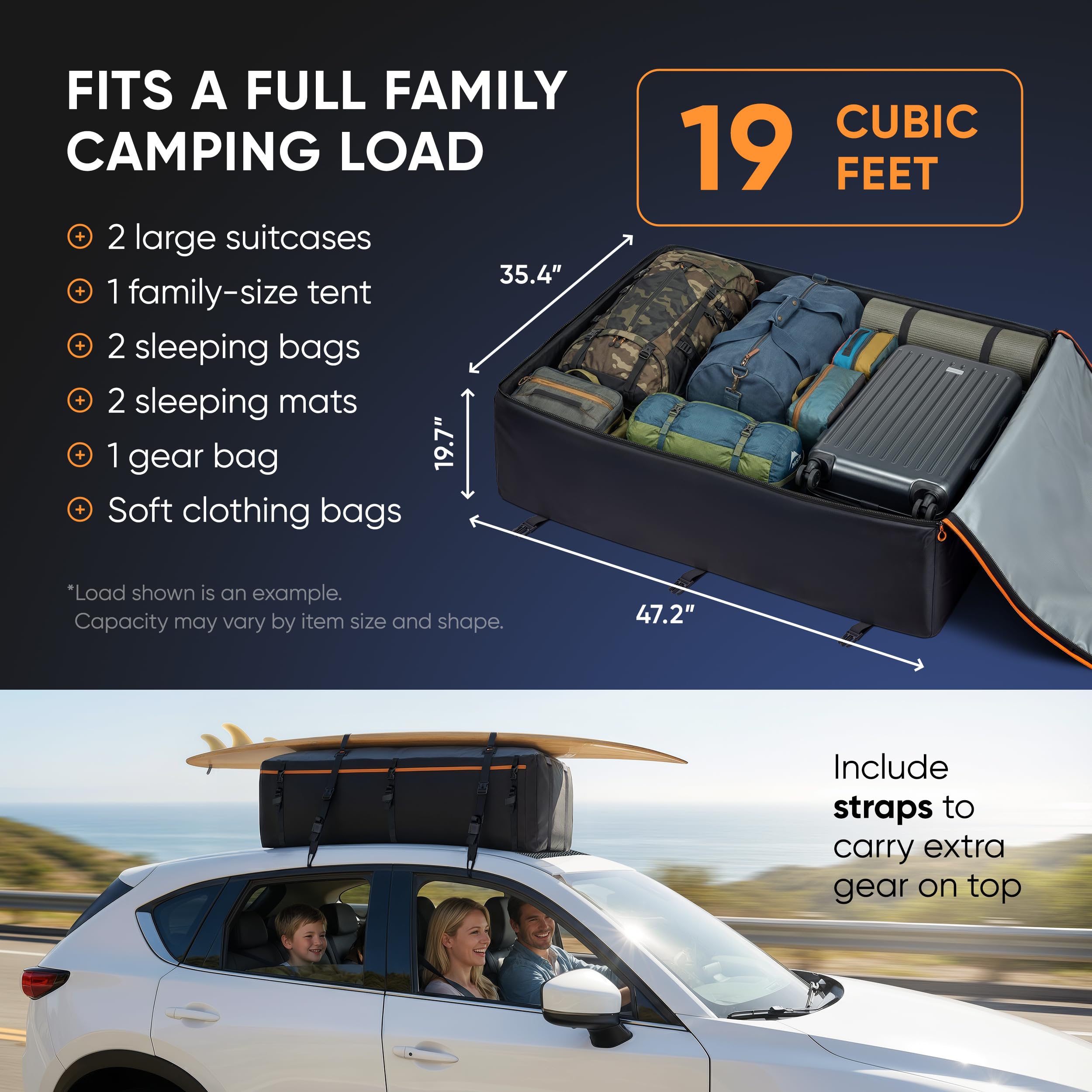 19 Cubic Feet Roof Bag – Safety Tested Heavy-Duty Waterproof Rooftop Cargo Carrier for All Cars & SUVs (with or Without Rack) – Includes Protective Mat & Storage Bag – Military-Grade 840D PVC