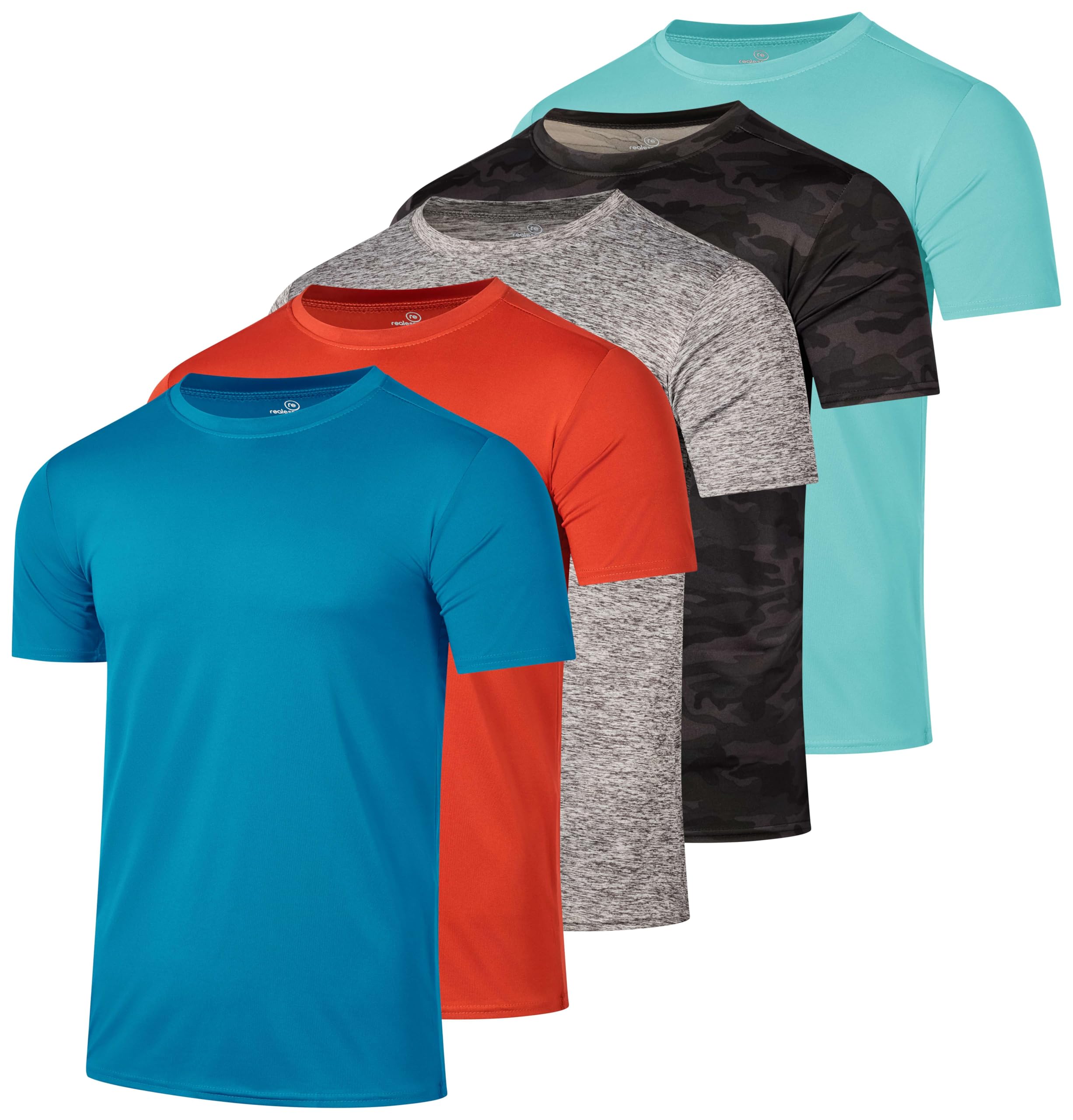 Real Essentials 5 Pack: Men's Dry-Fit Short Sleeve Crew Neck T Shirts Fitness Running Gym Workout Cool Exercise Athletic Tee