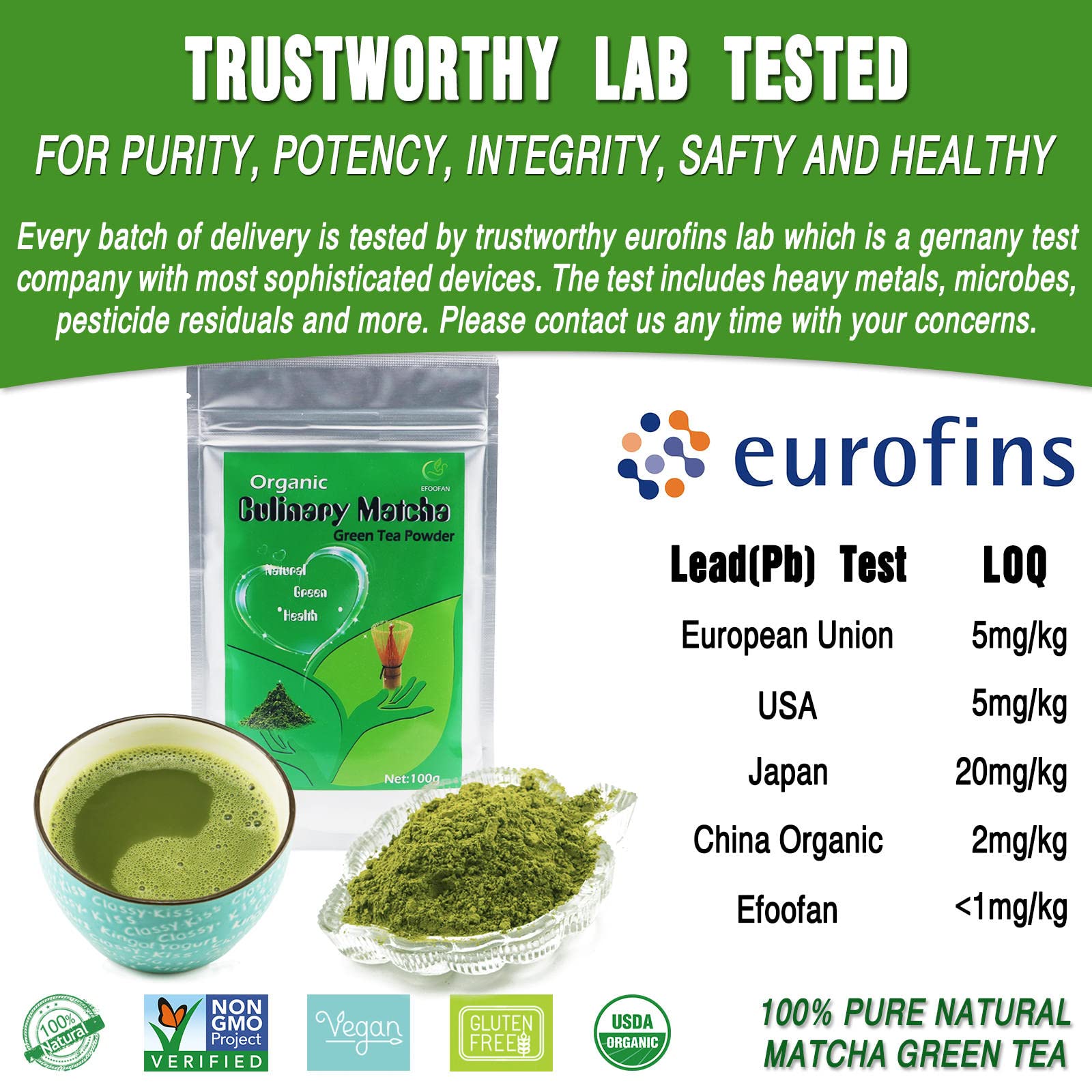 EFOOFAN USDA & COR Certified Organic Ceremonial Grade Matcha Powder – First Harvest Shade-Grown Tencha from Hangzhou, Vibrant Jade Green & Smooth Umami, No Sugar, Ideal for Traditional Tea or Latte (45g Tin)