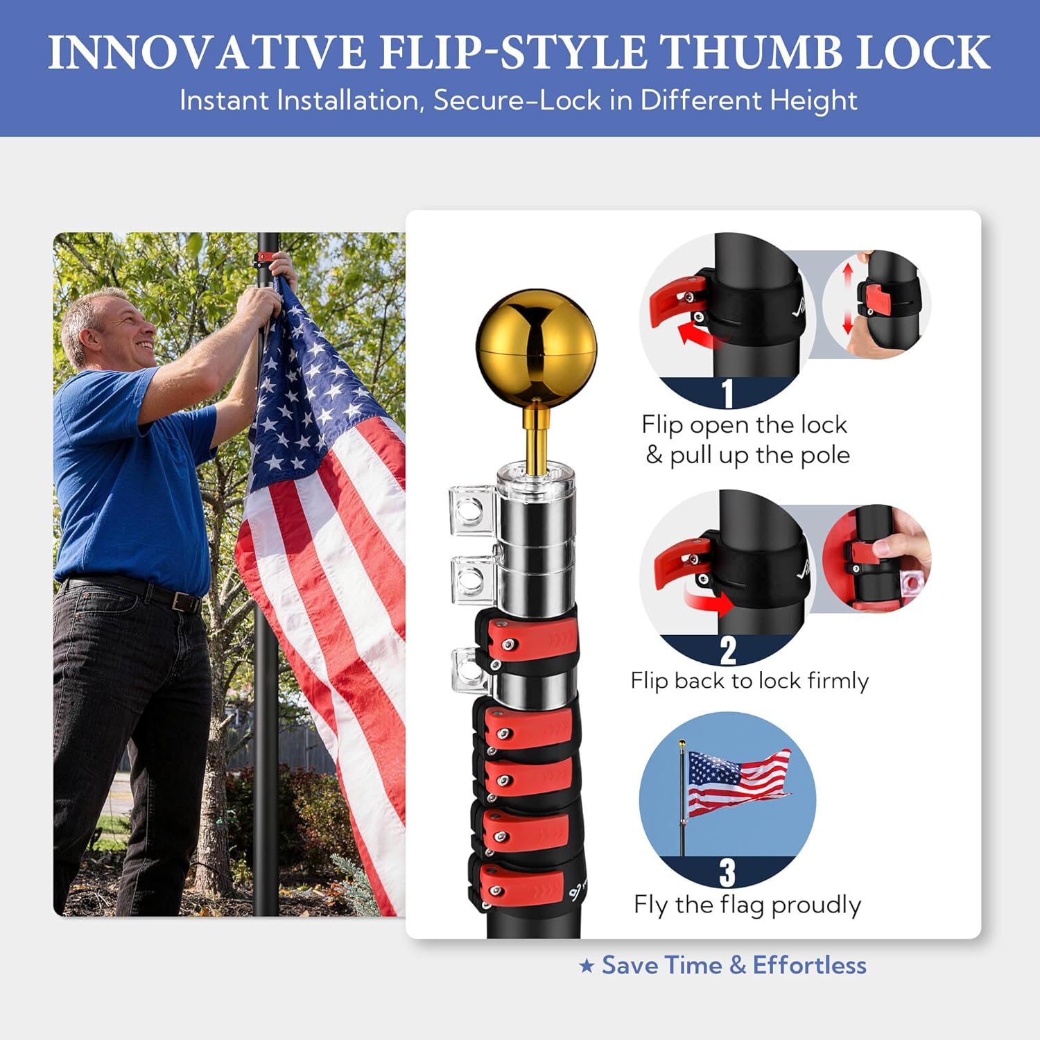 Yeshom 20Ft Black Telescopic Aluminum Flag Pole Fly 2 Flags 3'x5' US Flag & Ball Top Kit Telescoping Flagpole Yard Outdoor Garden