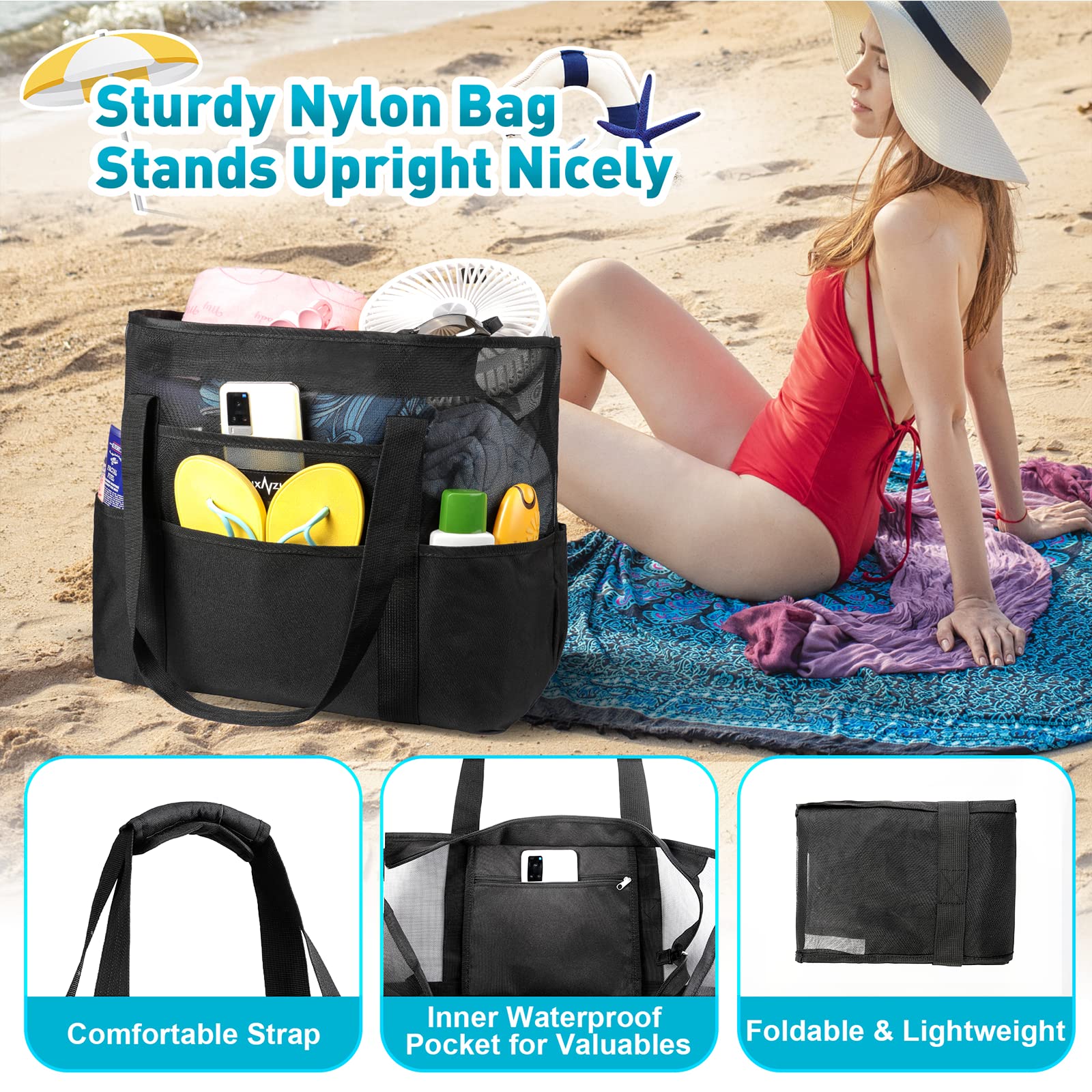 Mesh Beach Bag - Large Waterproof Beach Tote Bag with Zipper, Oversized Foldable Lightweight Family Swim Bag Vacation