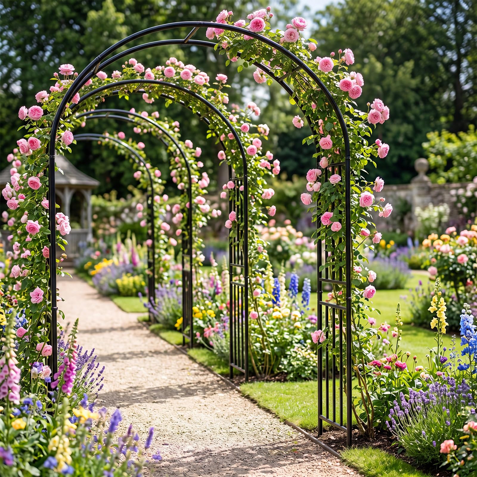 LDAILY Moccha Garden Arch Arbor Trellis, 7.2Ft Outdoor Steel Arbor with Stakes, Metal Archway for Climbing Plants, Wide Sturdy Garden Arch for Lawn, Party, Ceremony Wedding Decoration, Black (1 Piece)