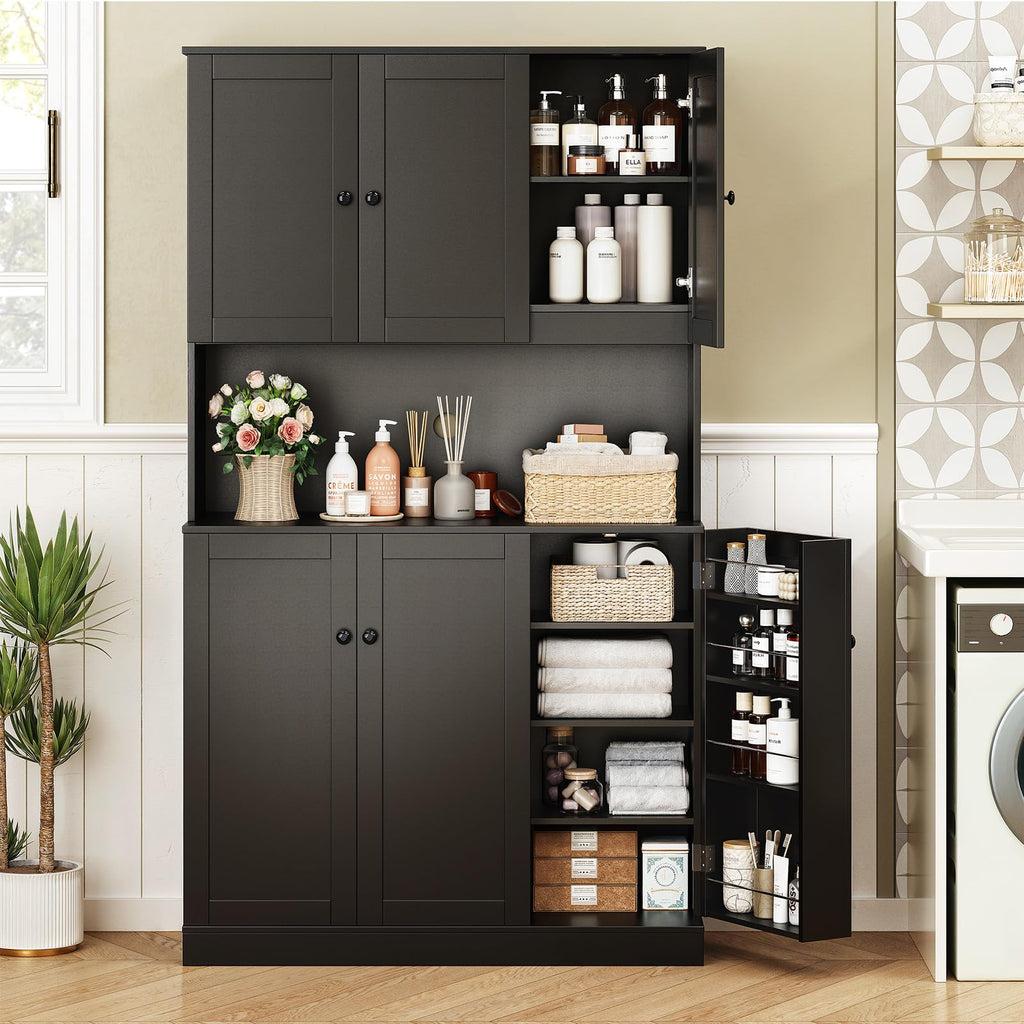 ONBRILL 71" Tall Kitchen Pantry Storage Cabinet with Microwave Stand & Door Shelf, Freestanding Kitchen Hutch with 6 Doors and Adjustable Shelves, Modern Food Pantry for Dining Room, Black