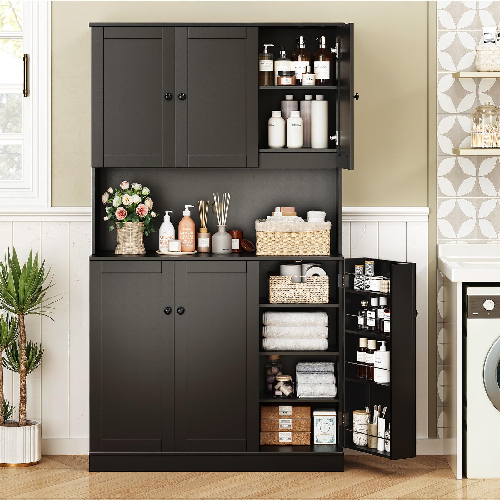 ONBRILL 71" Tall Kitchen Pantry Storage Cabinet with Microwave Stand & Door Shelf, Freestanding Kitchen Hutch with 6 Doors and Adjustable Shelves, Modern Food Pantry for Dining Room, Black