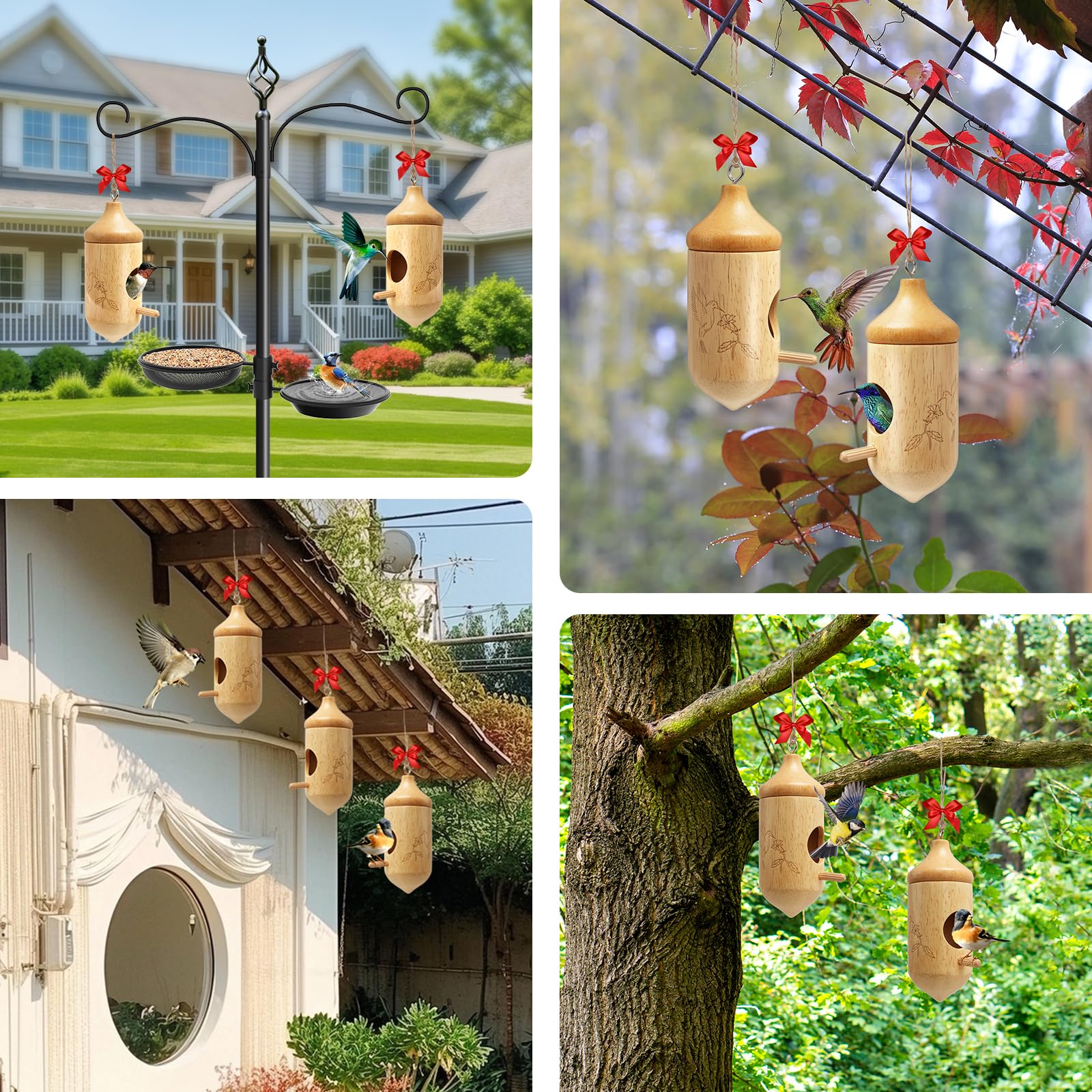 Hummingbird House, Small Hummingbird Houses for Outside, Wooden Bird House with Bow, String, Cute Gardening Gifts Home Decoration