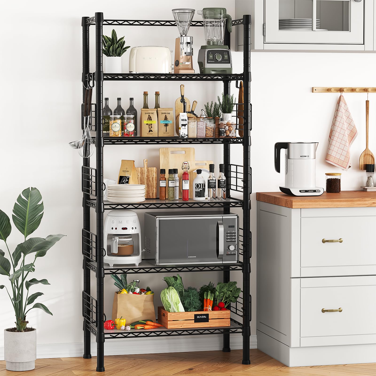 FUTASSI Metal Storage Rack, Storage Organizer Shelves for Kitchen, Bathroom, Living Room, Balcony and Garage, 5 Tiers Narrow Bookshelf, 21.2" W x 9.4" D x 59.2" H, Load 400lbs, Black