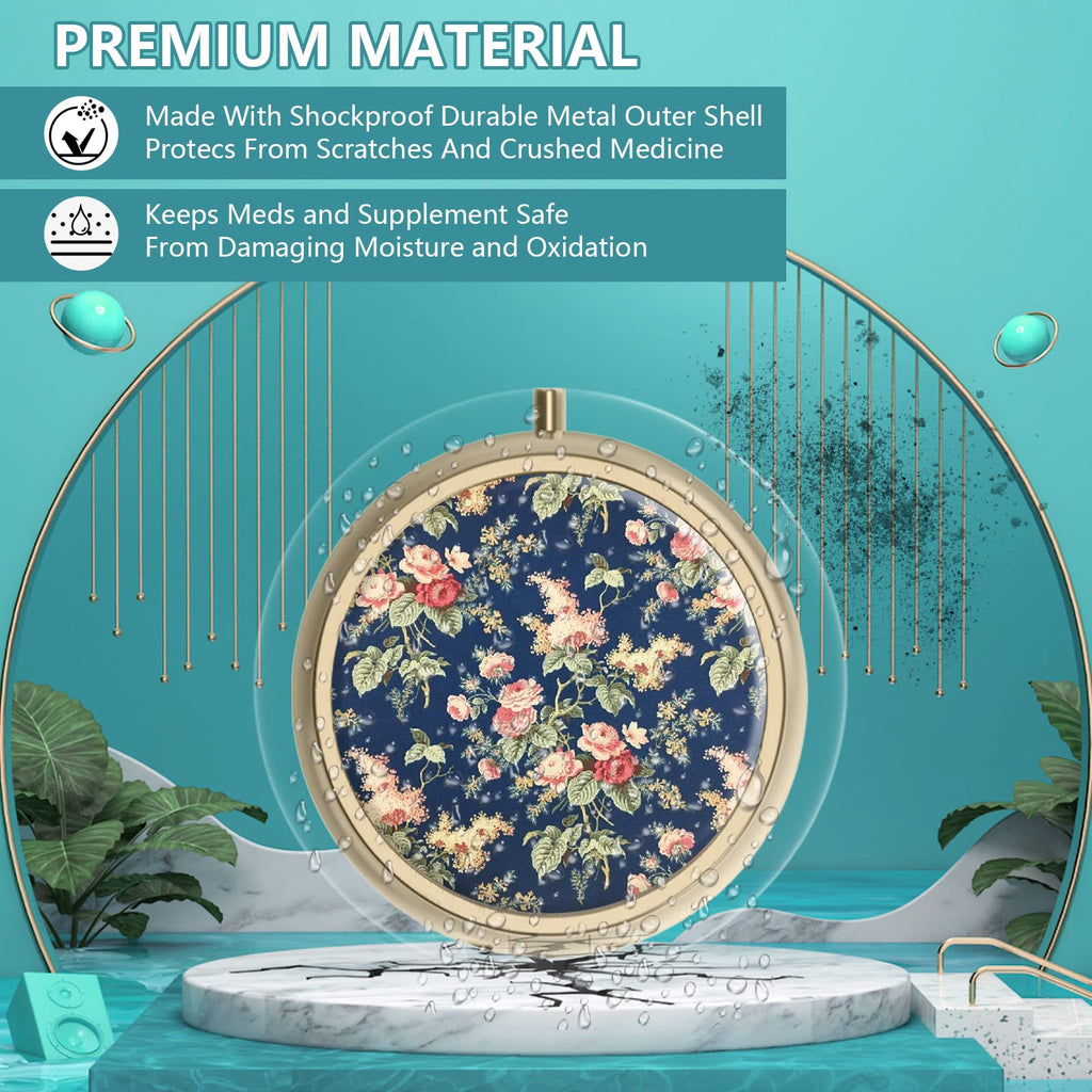 Pill Case Pill Box with Mirror Retro 2 Compartment Small Pill Case for Purse or Pocket Bronze Rectangular Pill Box or Vitamins, Fish Oil, Supplements, Pill Containe Travel Gifts（Retro Red Flowers）