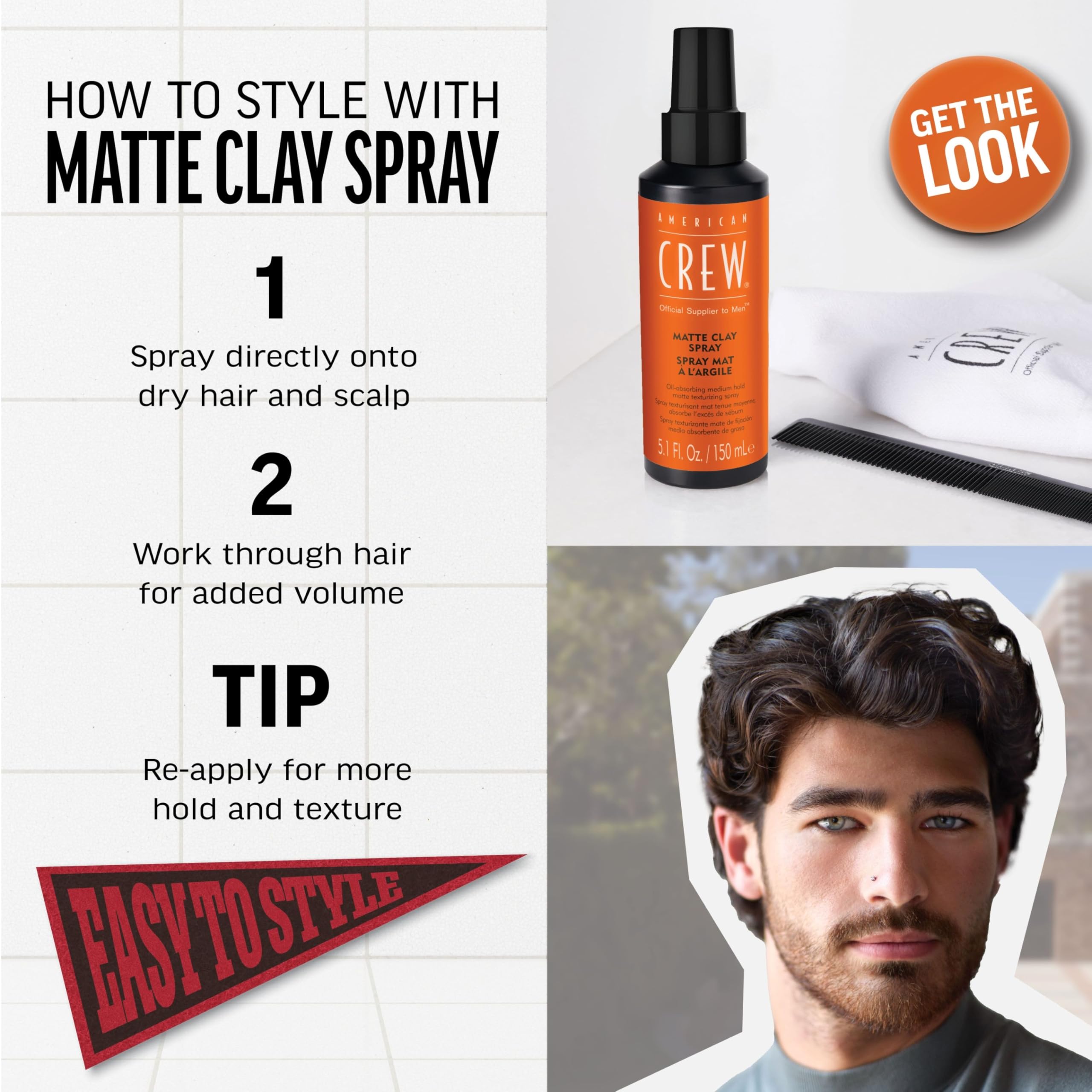 American Crew Matte Clay Spray For Men, Texturizing Spray with Matte Finish, Adds Texture, Volume & Thickness, 5.1 oz
