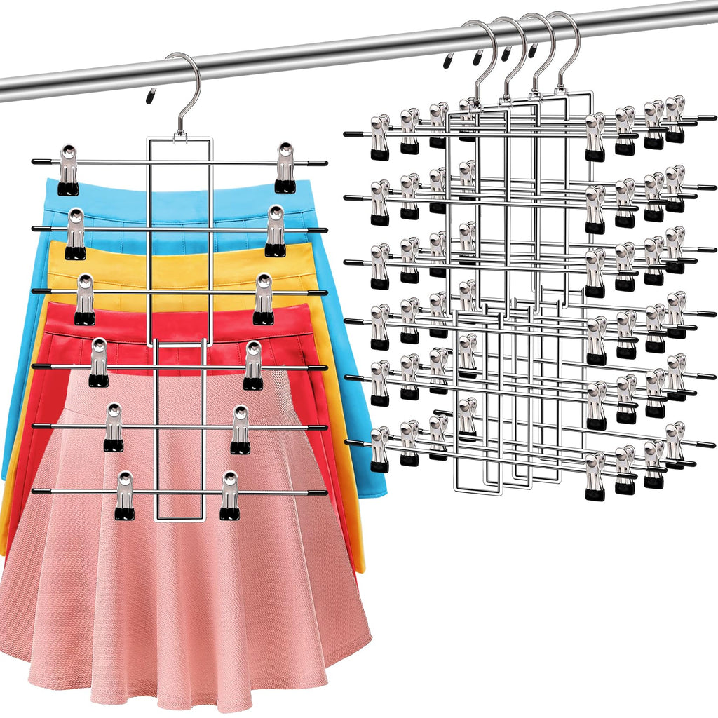 Closet Organizers and Storage, 6 Tier Storage and Organization Pants Hangers Space Saving, Metal Skirt Hangers with Adjustable Clip, 360° Swivel Hook, Dorm Room Essentials for College Students Girls