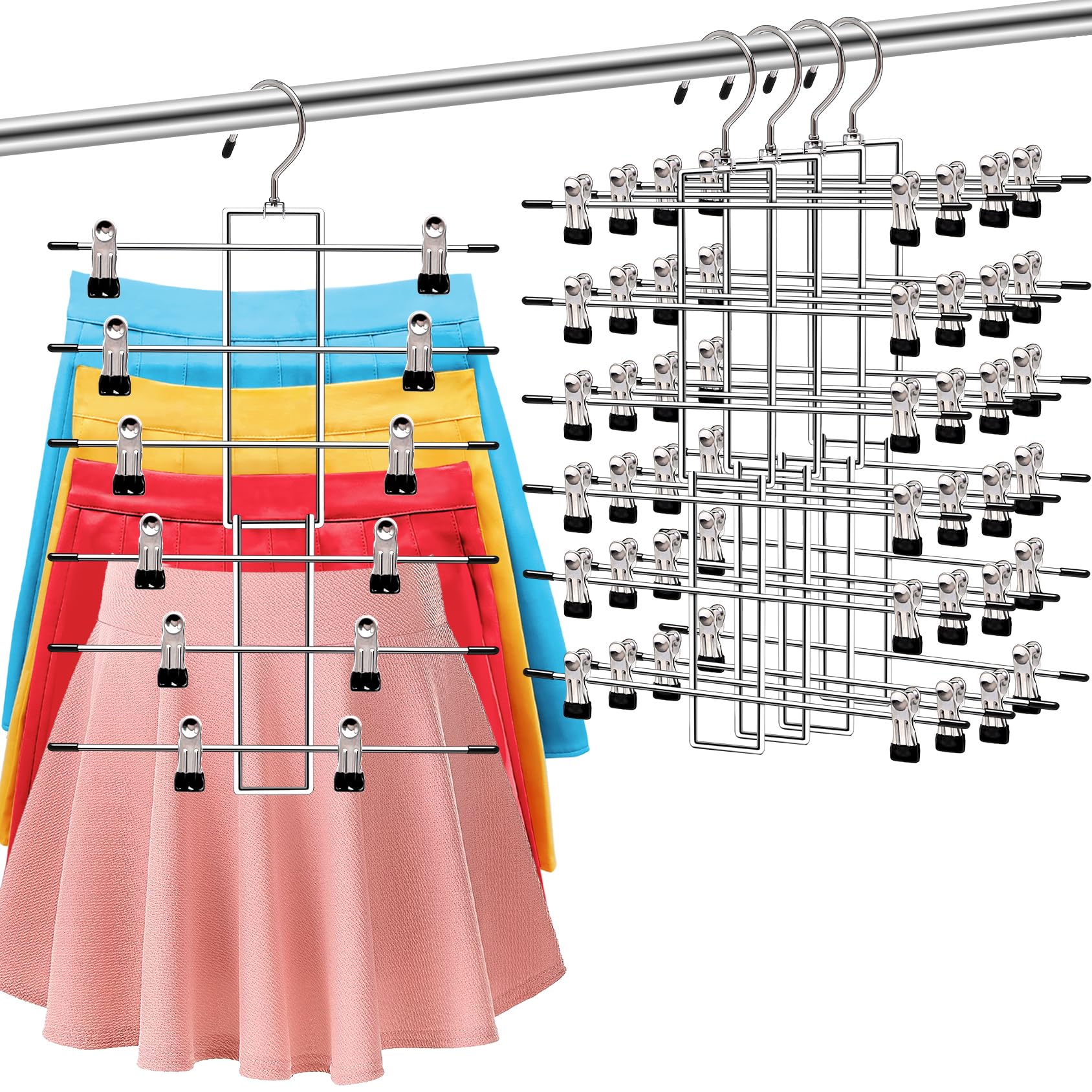 Closet Organizers and Storage, 6 Tier Storage and Organization Pants Hangers Space Saving, Metal Skirt Hangers with Adjustable Clip, 360° Swivel Hook, Dorm Room Essentials for College Students Girls