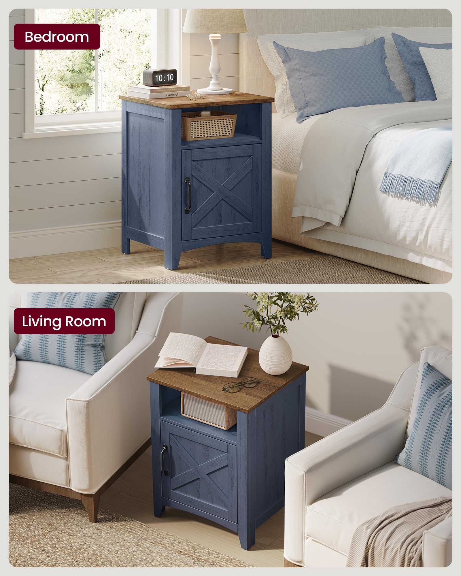 VASAGLE LIRY Collection - Farmhouse Nightstand with Barn Door, Bedside Table with Storage, Side End Table, Night Stand, Open Compartment, for Bedroom, Misty Gray ULET609G68