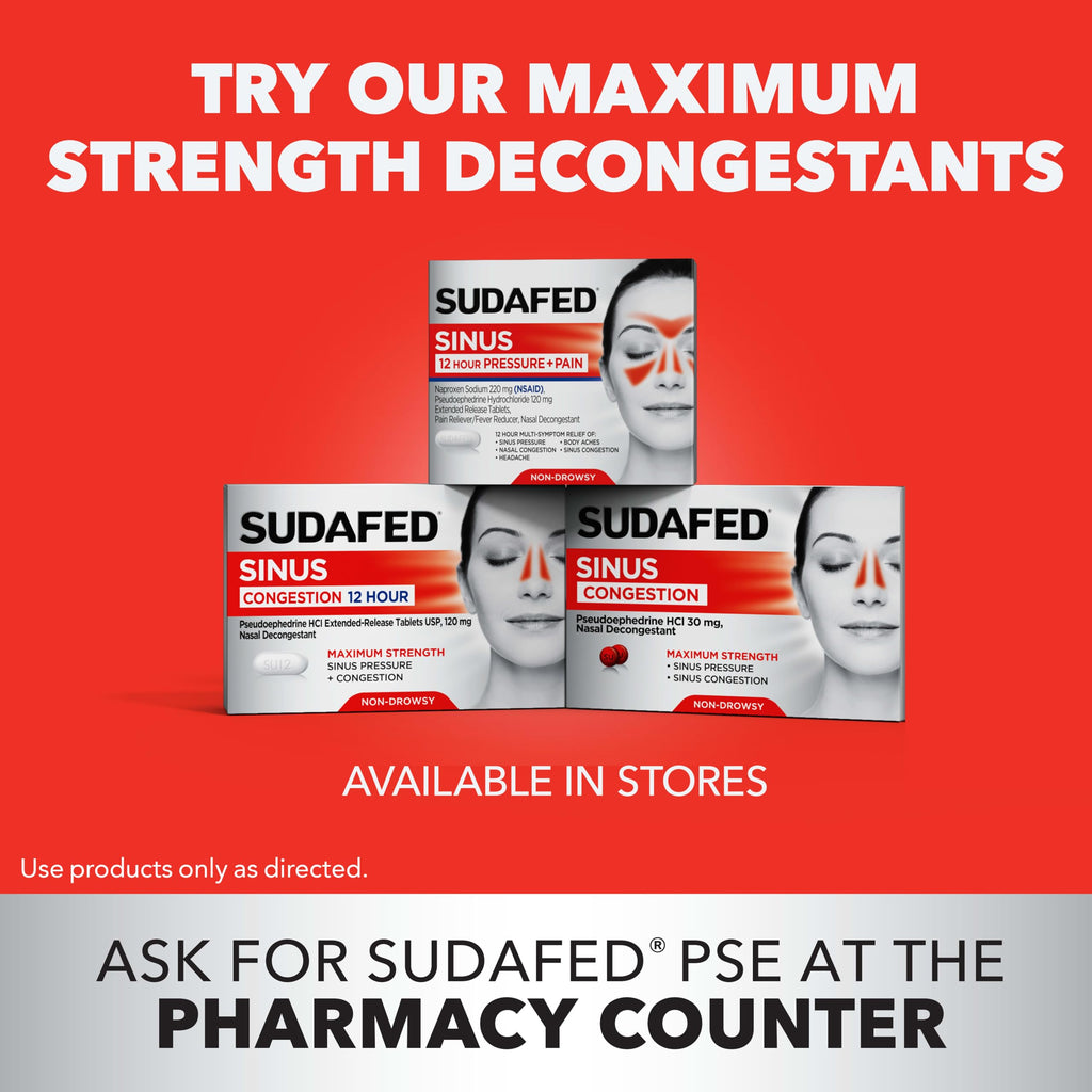 Sudafed, PE Sinus Congestion Relief Tablets, Maximum Strength, Non-Drowsy 10 mg Phenylephrine HCI Decongestant for Sinus Pressure and Nasal Congestion Relief from colds or Allergies, 18 Count